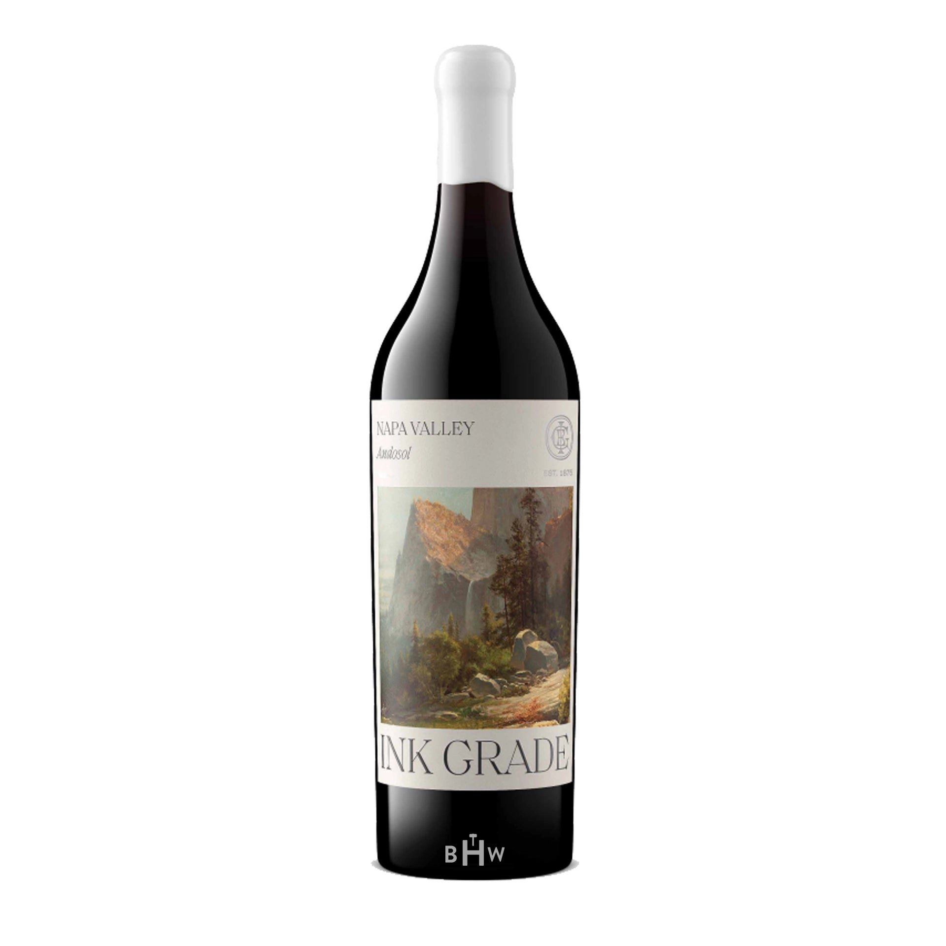 Ink Grade Andosol wine bottle with a label featuring a white background.