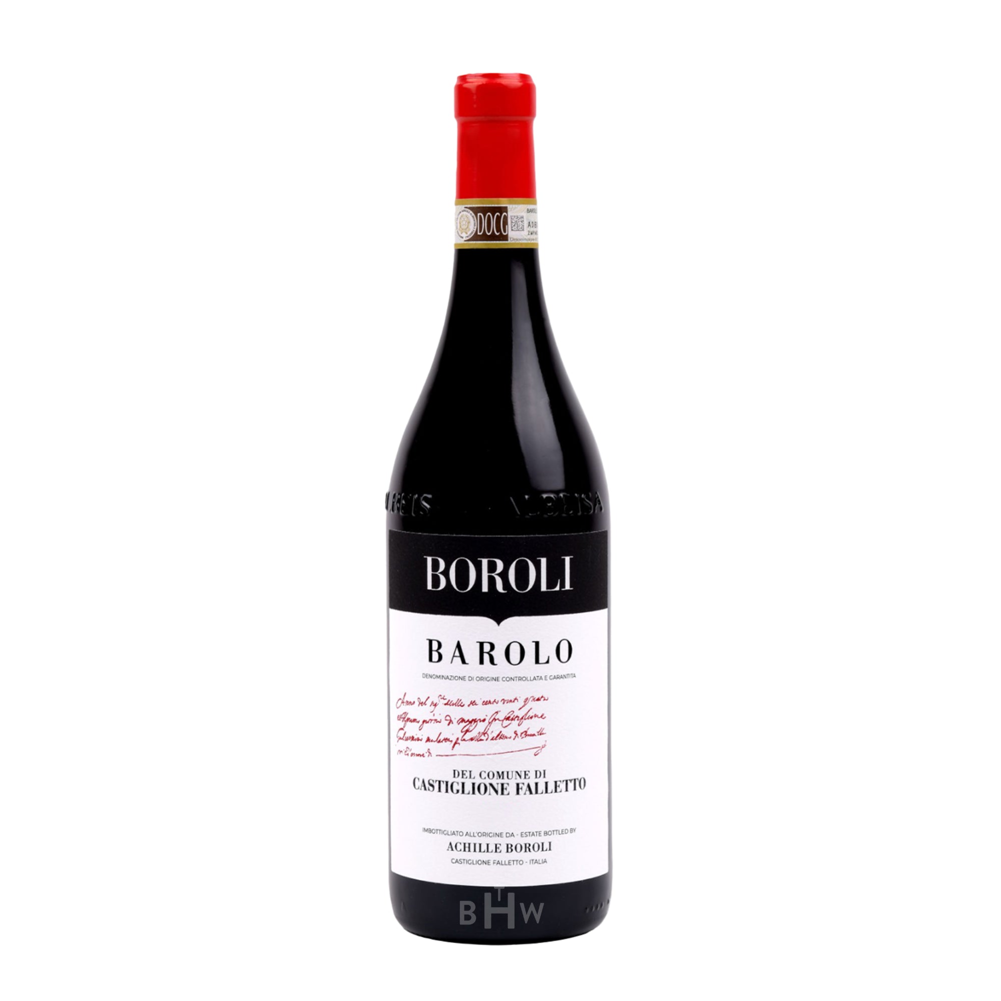 A single bottle of 2020 Boroli Barolo Del Comune Di Castiglione Falletto featuring a red foil capsule and a white label with black and red text.