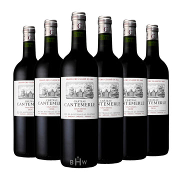 A 6-bottle collection of 2020 Chateau Cantemerle Haut-Médoc from Bordeaux, France. The classic Bordeaux-style bottles feature elegant white labels with a detailed black-and-white illustration of the historic château and "Grand Cru Classé en 1855" text in red. Each bottle is topped with a silver foil capsule featuring a maroon "C" logo and green "Cantemerle" branding. Curated by Big Hammer Wines.