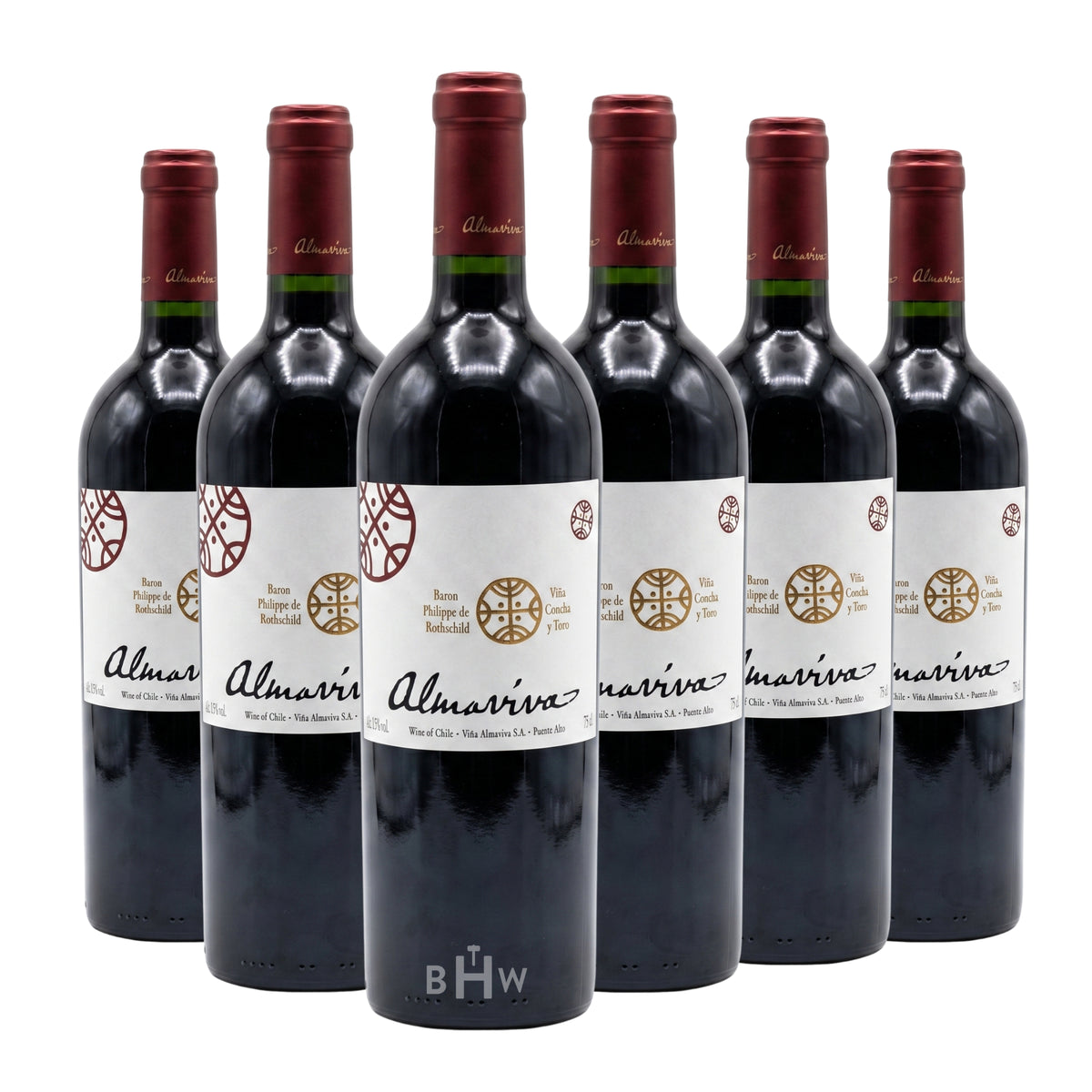 A six-pack of 2021 Almaviva Puente Alto Red Blend 750ml wine bottles from Chile, curated by Big Hammer Wines.