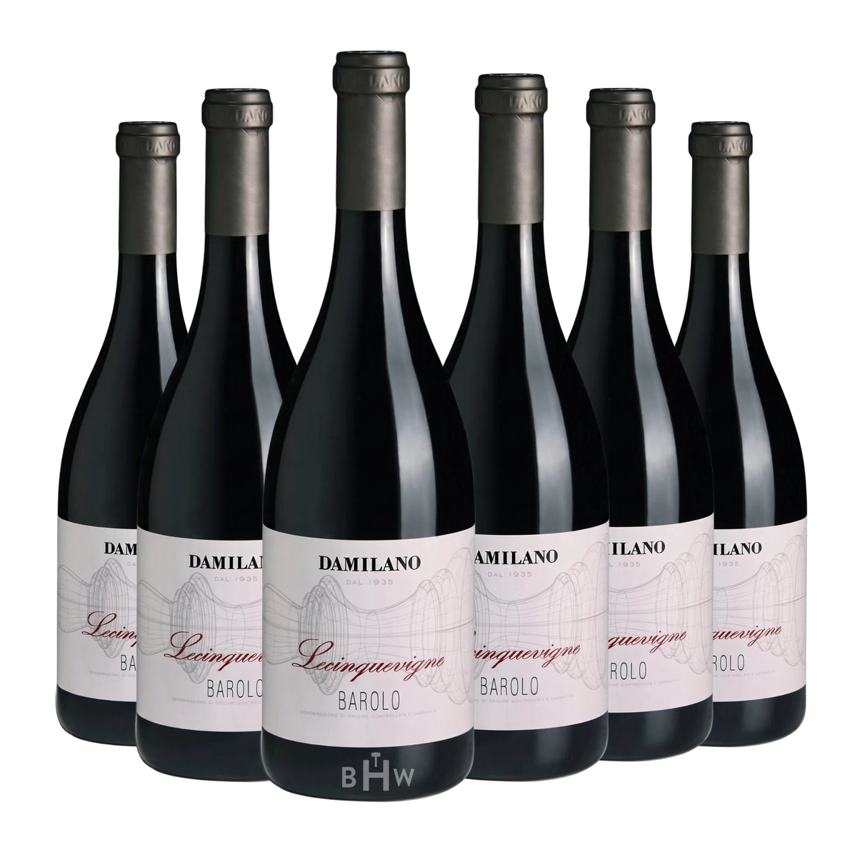Six bottles of 2021 Damilano Barolo Lecinquevigne red wine, curated by Big Hammer Wines.