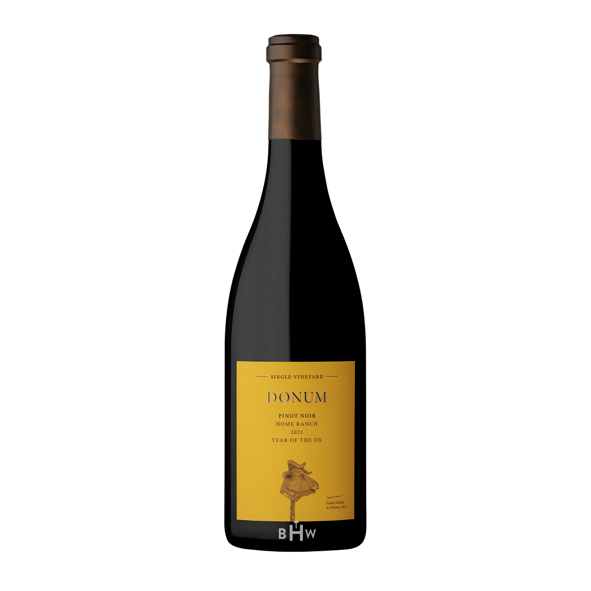 2021 Donum Home Ranch Pinot Noir wine bottle with a yellow label on a white background