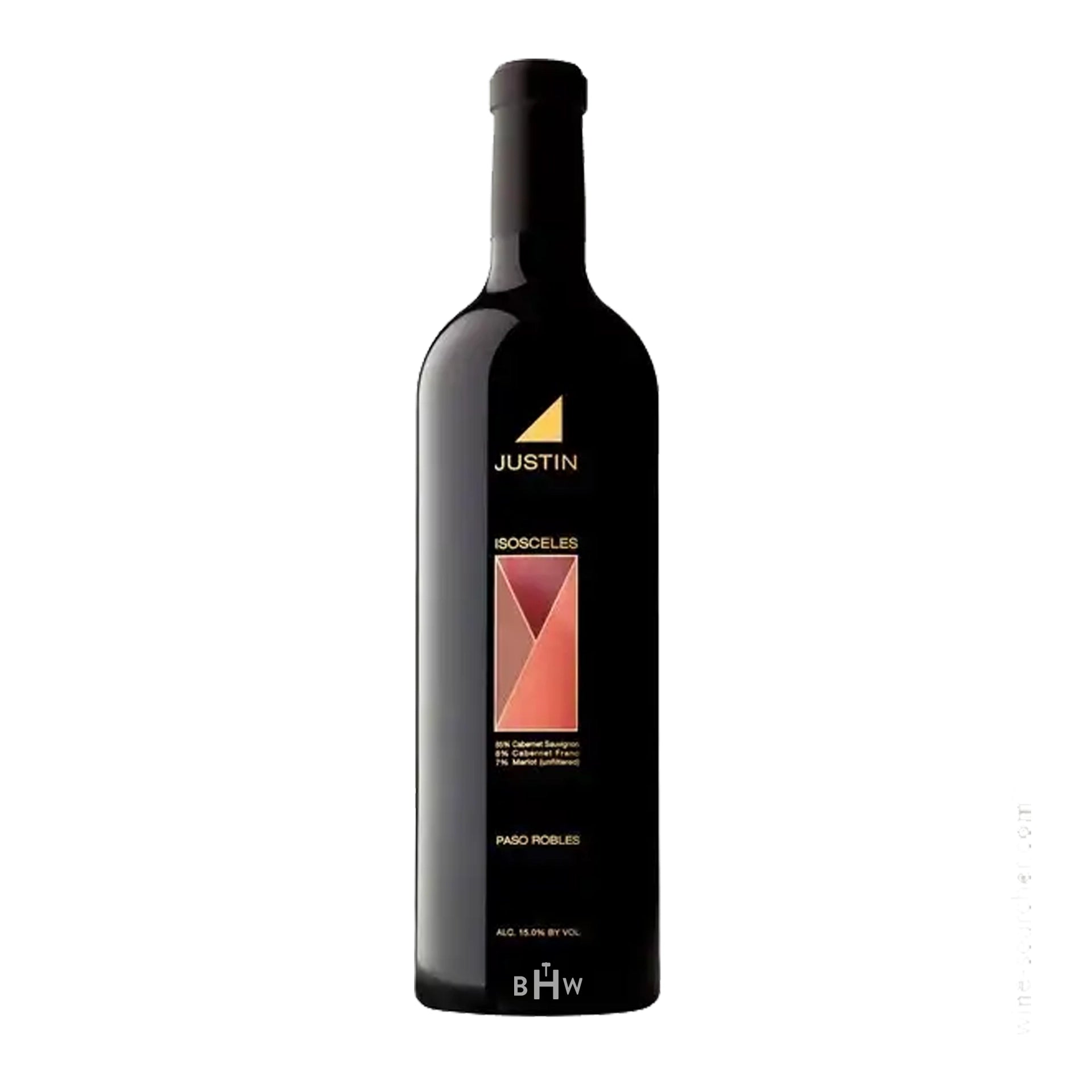 2021 Justin Isosceles wine bottle with 'Justin' label on a white background