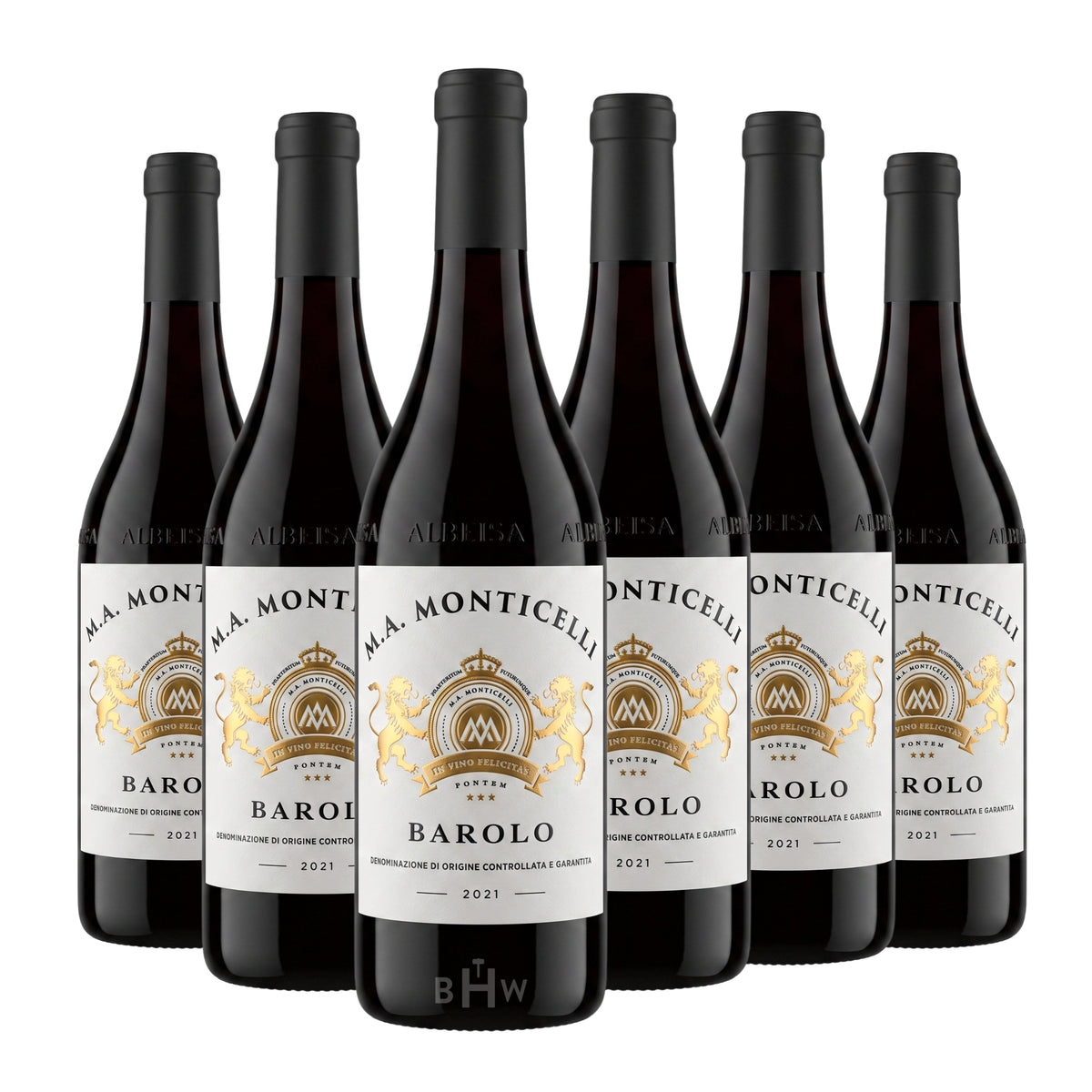 A 6-bottle pack of 2021 M.A. Monticelli Barolo DOCG 750ml red wine, curated by Big Hammer Wines.