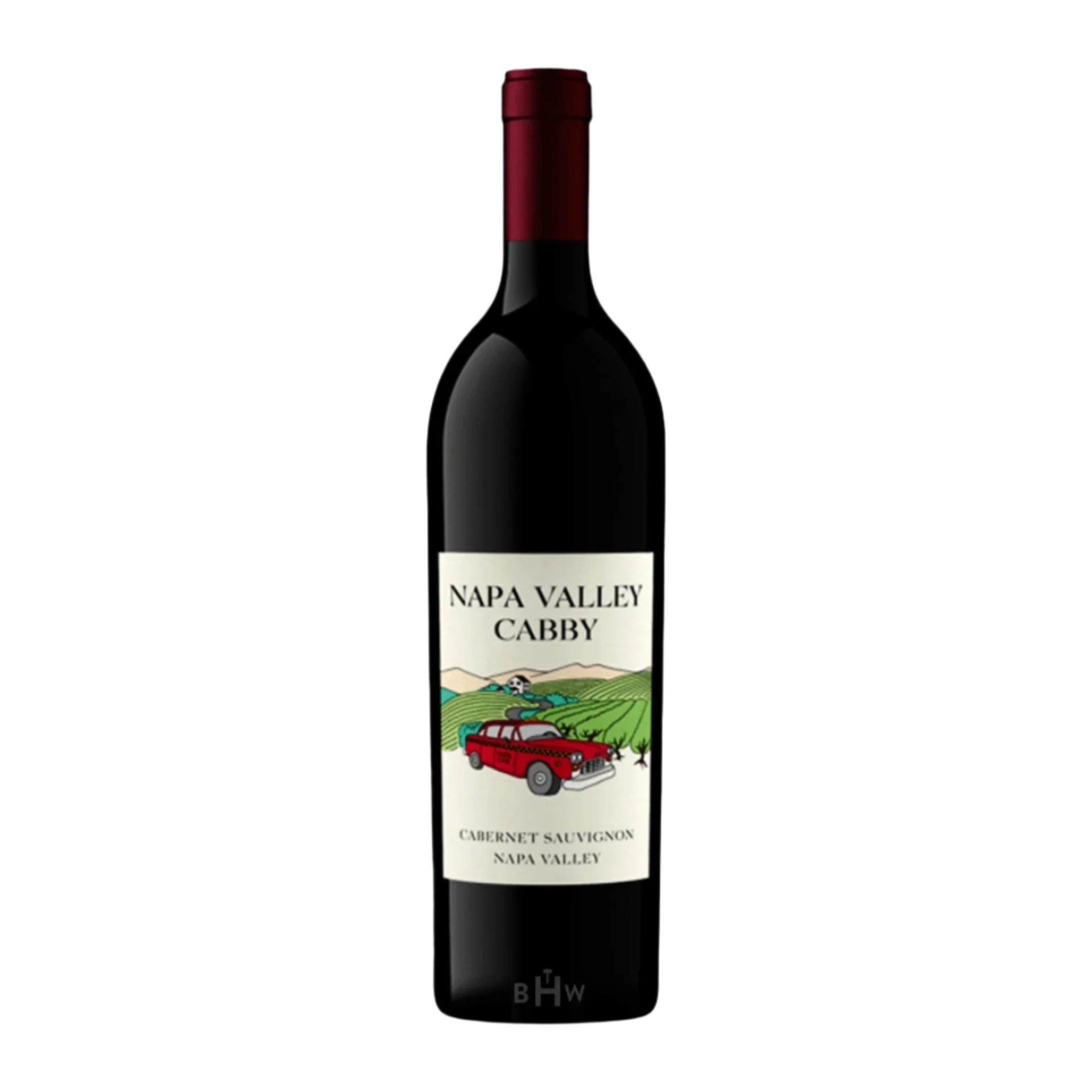 A bottle of 2021 Beau Vigne Cabernet Sauvignon wine with a label depicting a red taxi on Napa Valley backdrop.