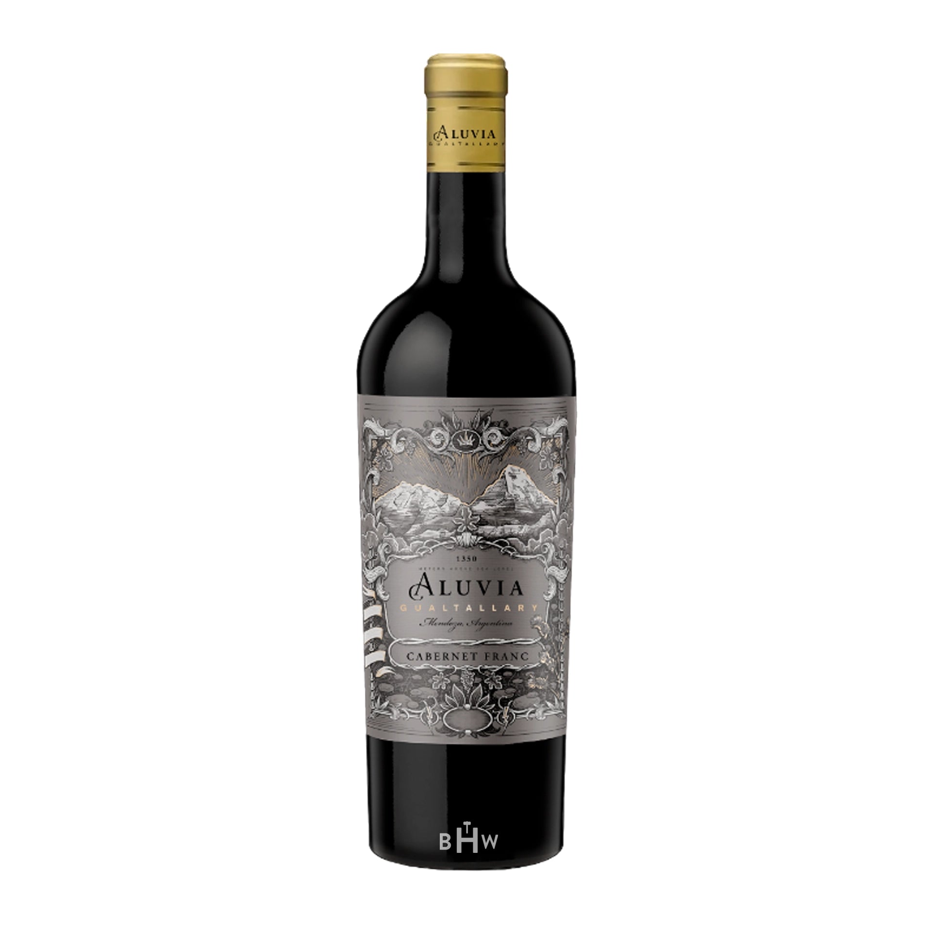 2022AluviaCabernetFrancGualtallary wine bottle with a white background.