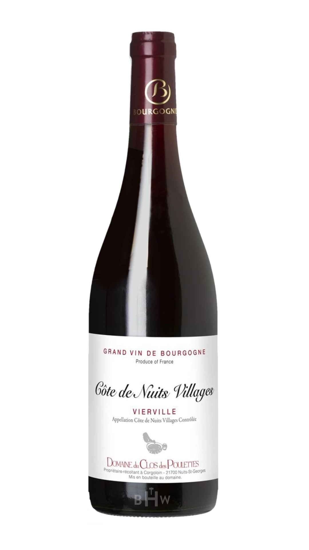 2022DomaineduClosdesPoulettesCotesdeNuitsVillagesRougeEnVierville wine bottle with a white background.