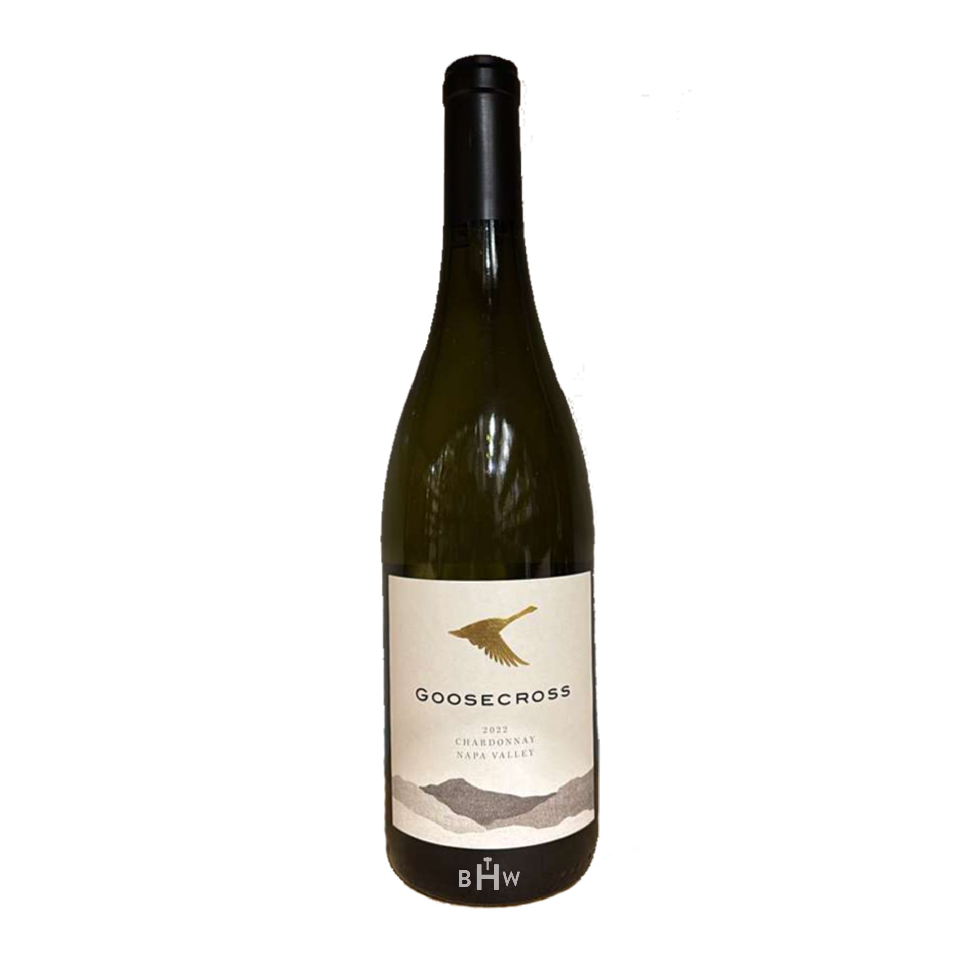 2022 Goosecroos Cellars Chardonnay wine bottle with a white background.