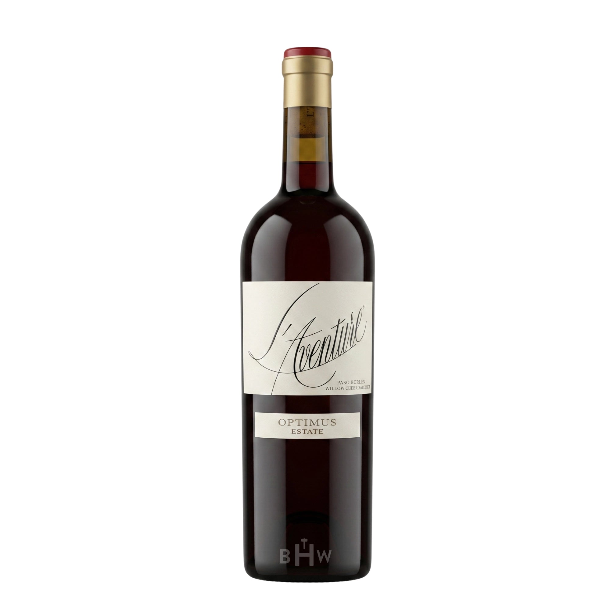 A single bottle of 2022 L'Aventure Optimus Estate red wine from Paso Robles, featuring a white cursive script label and gold capsule, curated by big hammer wines.