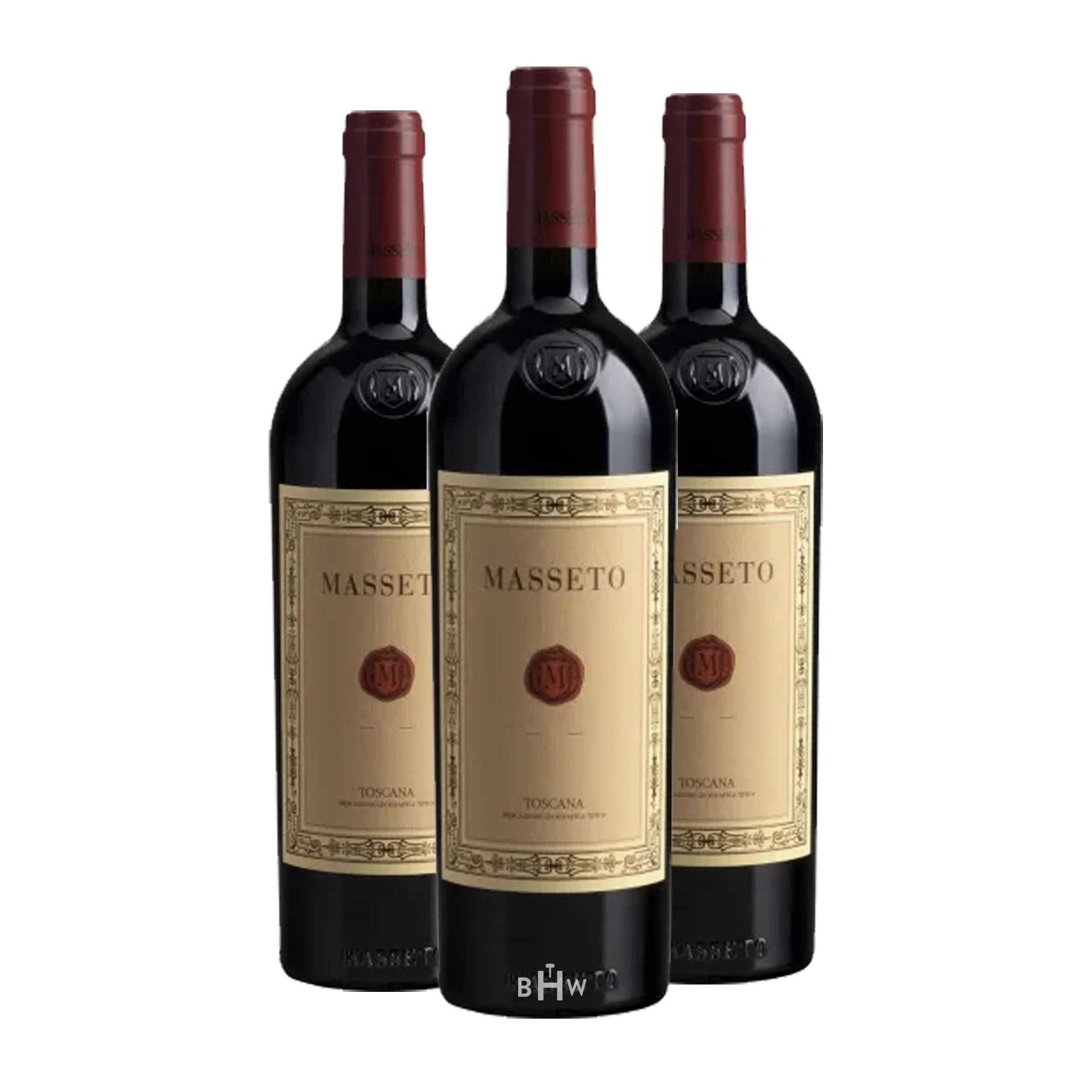 Three bottles of 2022 Masseto Toscana IGT wine on a white background