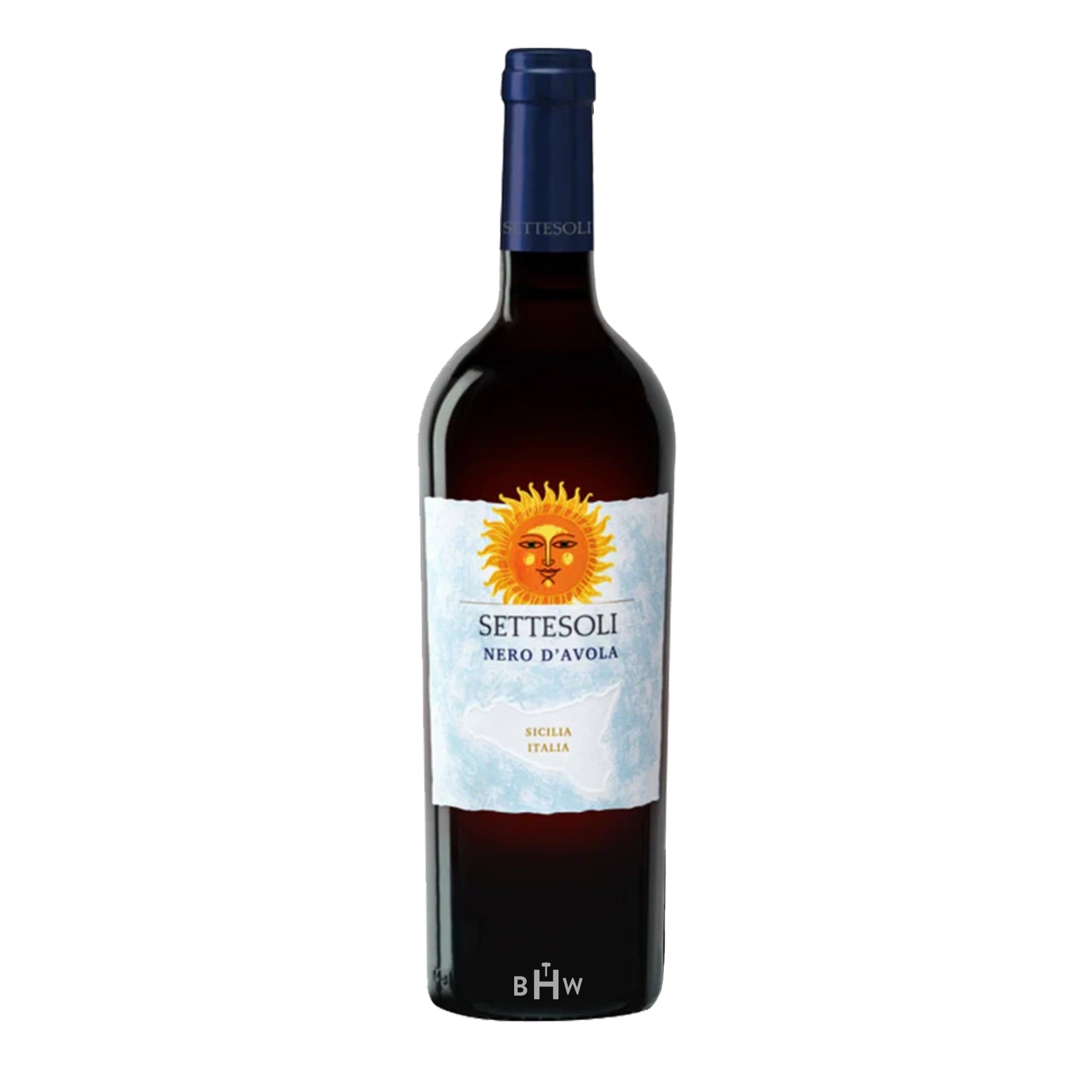 Wine bottle with a label featuring a sun design on a white background