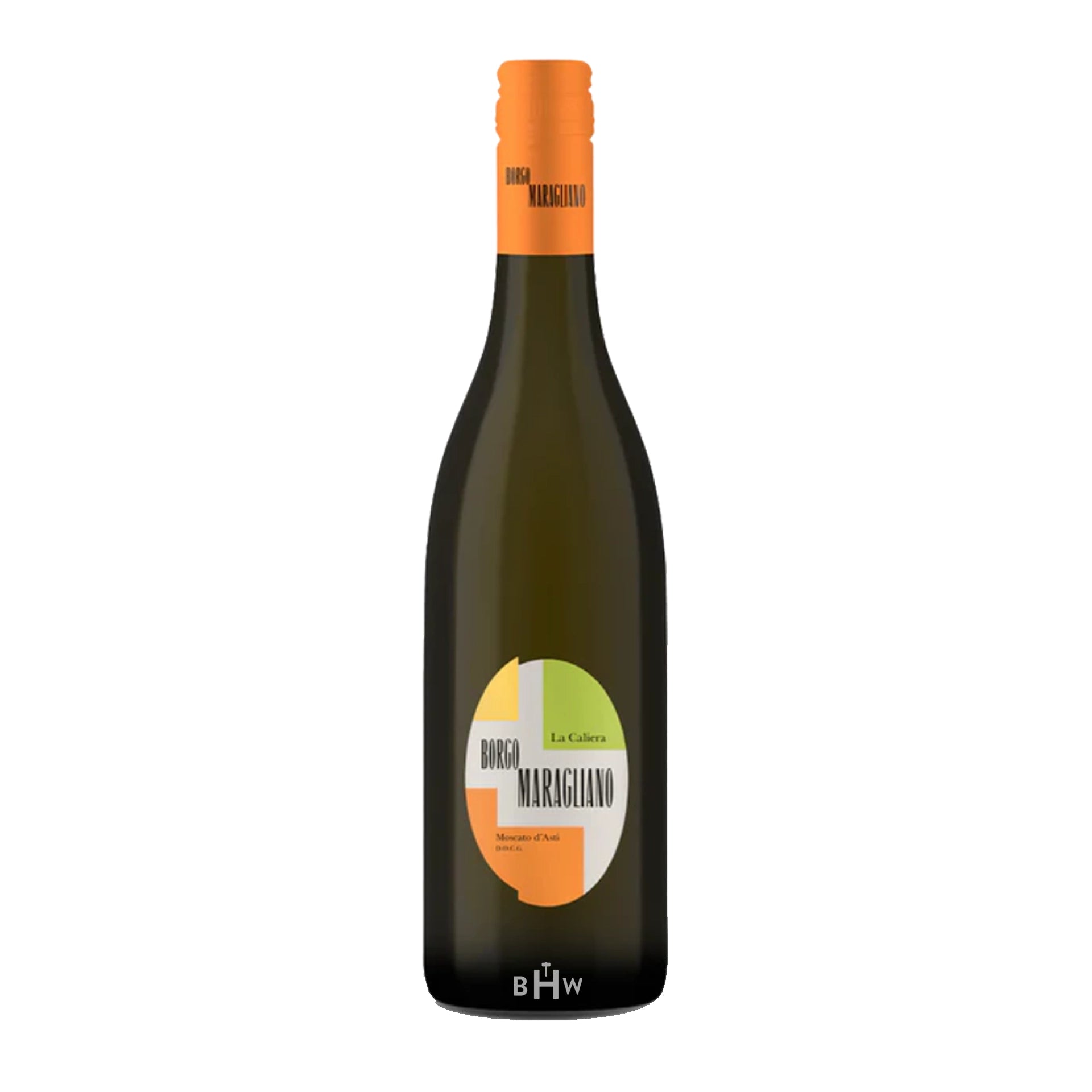 2023BorgoMaraglianoLaCalieraMoscato wine bottle with an orange cap and label on a white background