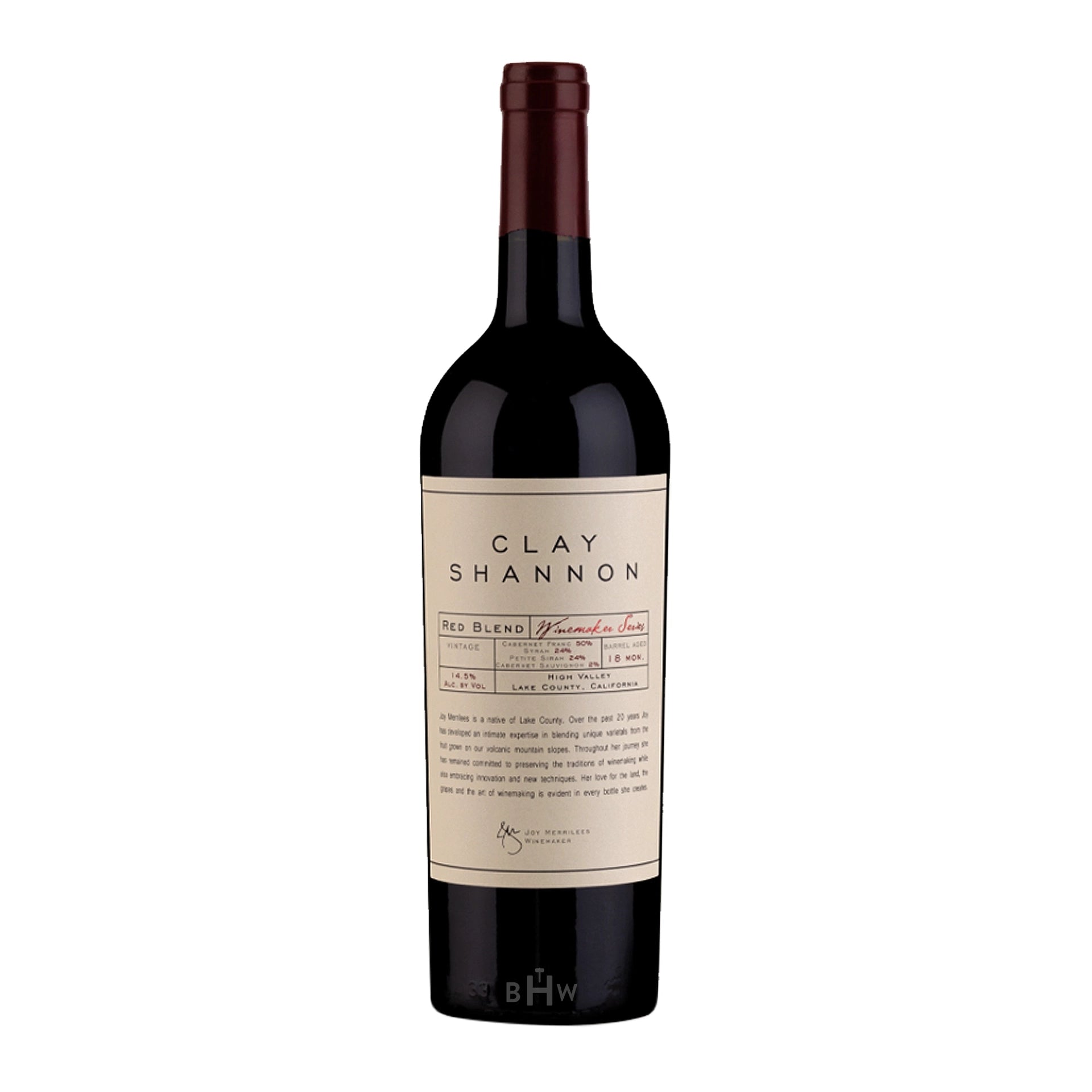 A bottle of 2023 Clay Shannon Winemaker Series Red Blend wine with a label showing details about the product.