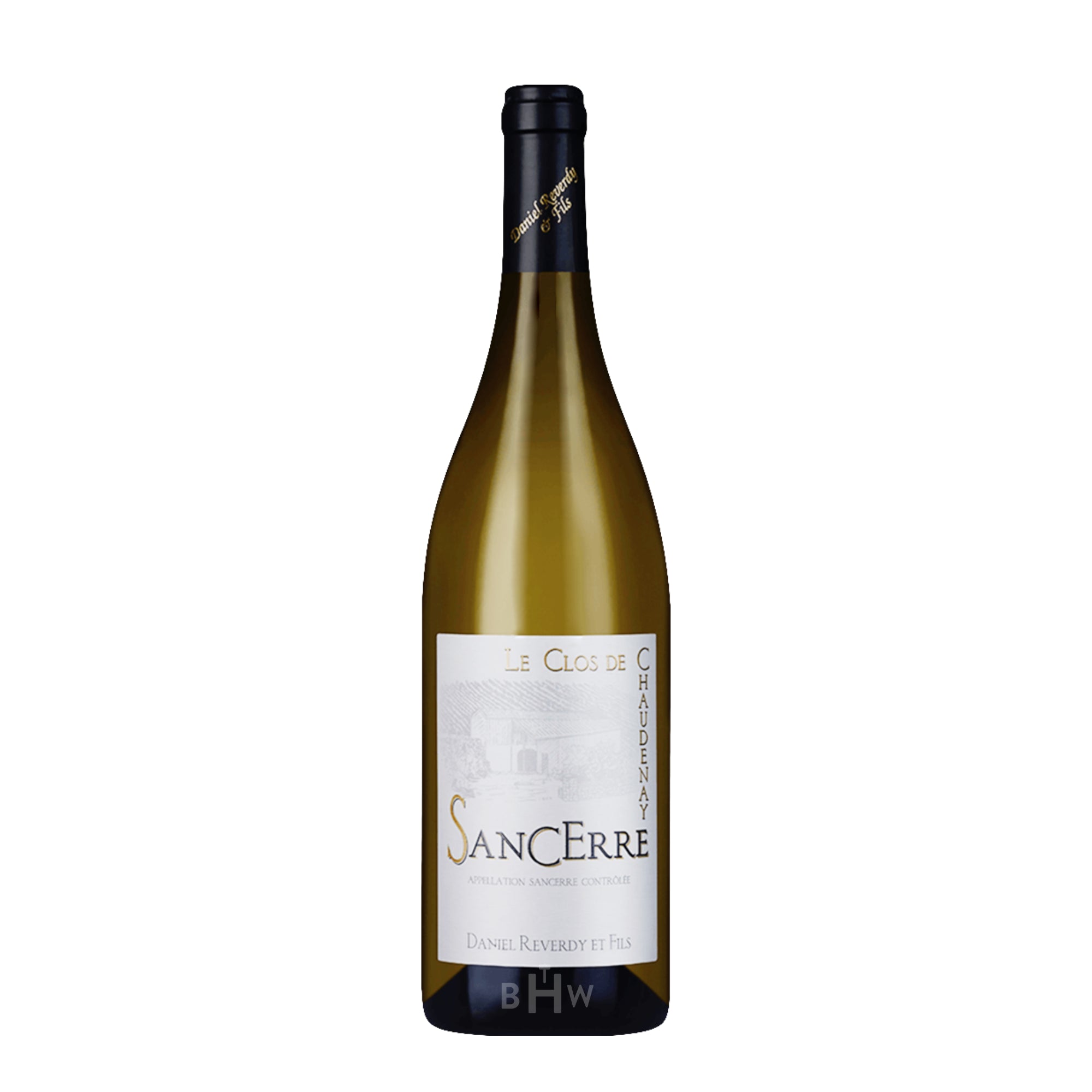 A single bottle of 2023 Domaine Daniel Reverdy & Fils Sancerre Le Clos de Chaudenay. The elegant white label features gold lettering and a subtle sketch of the estate. Curated by Big Hammer Wines.