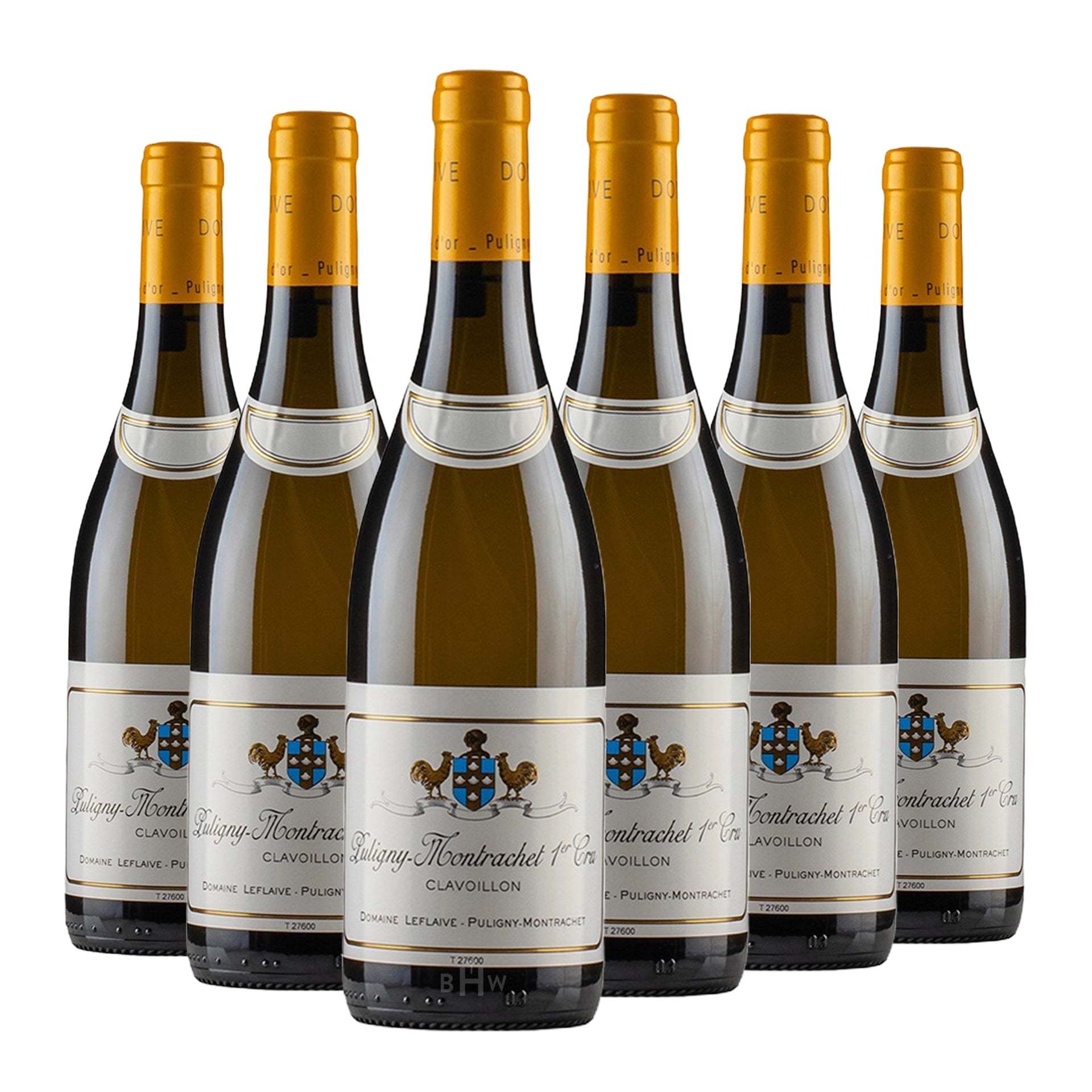 Six pack of 2023 Domaine Leflavie Clavoillon white wine with gold caps on a white background