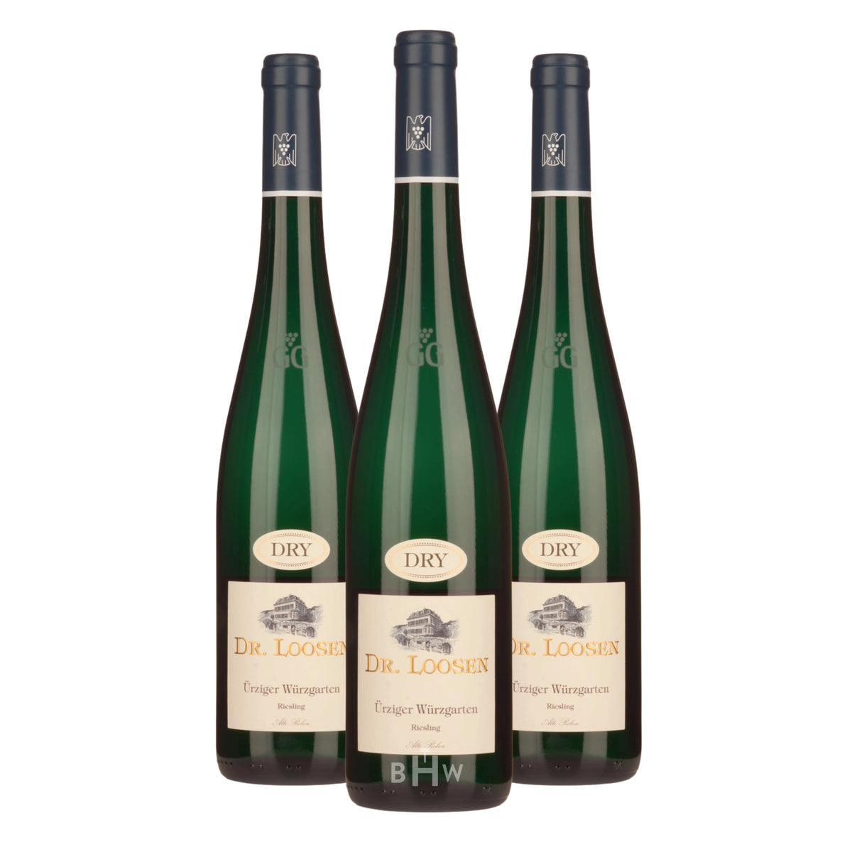 Three bottles of 2023 Dr. Loosen Ürziger Würzgarten Alte Reben GG Riesling Mosel white wine. Curated by Big Hammer Wines.