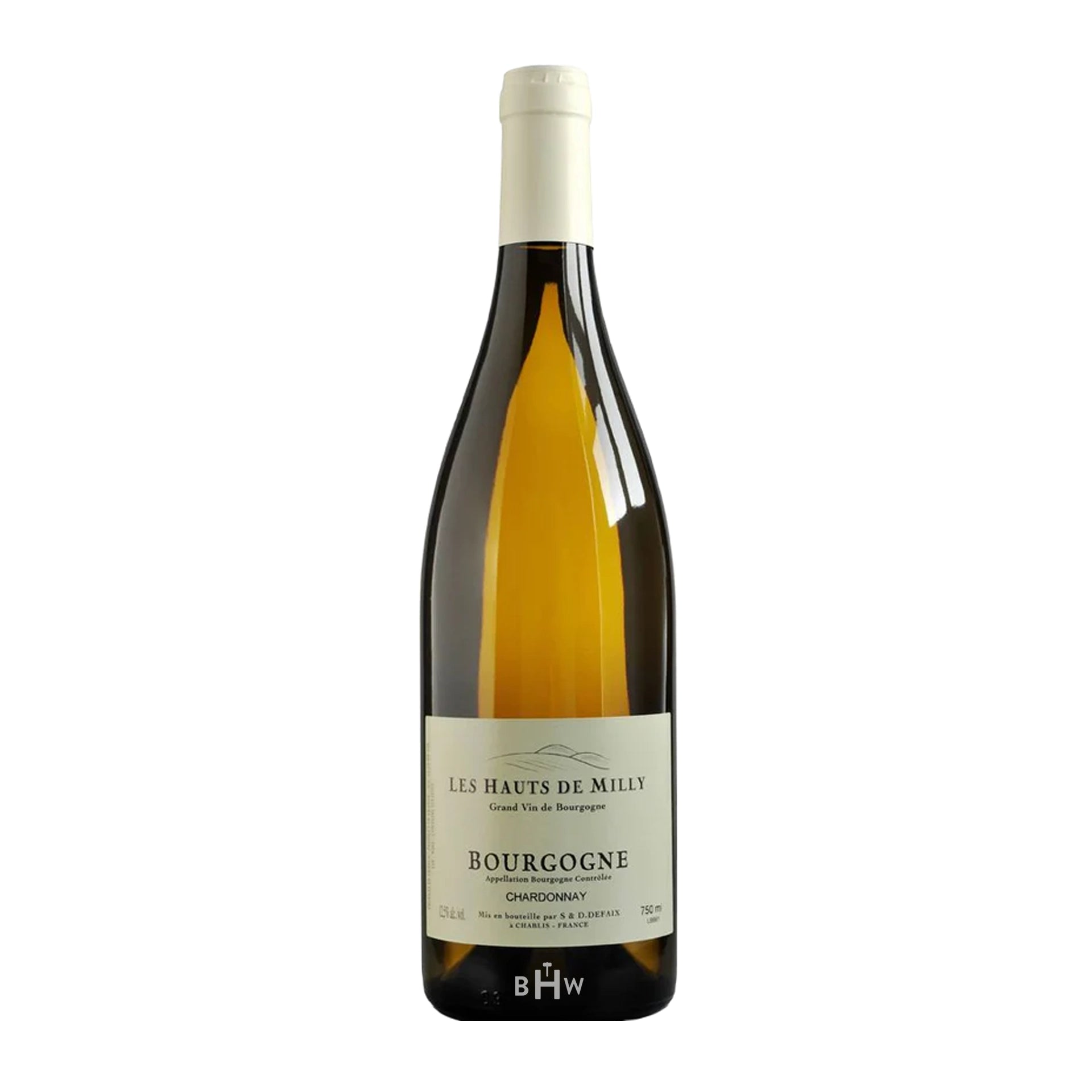 2023LesHautsdeMillyBourgogneChardonnay wine bottle with a white background.