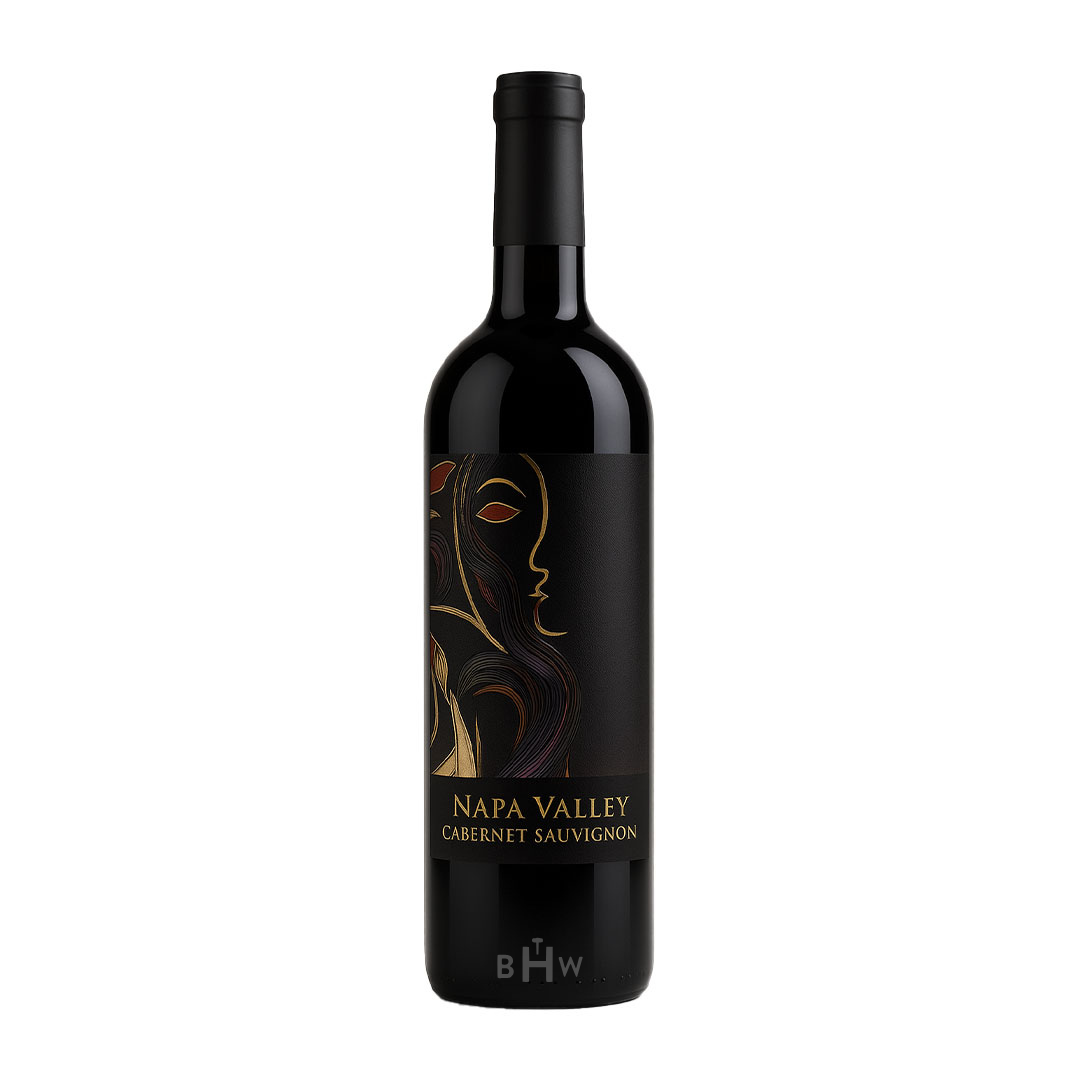 Wine bottle with a black label featuring a face design on a white background