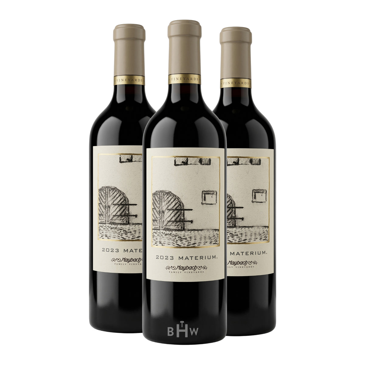Three bottles of 2023 Maybach Family Vineyards Materium Cabernet Sauvignon Oakville red wine with white and gold labels, curated by Big Hammer Wines