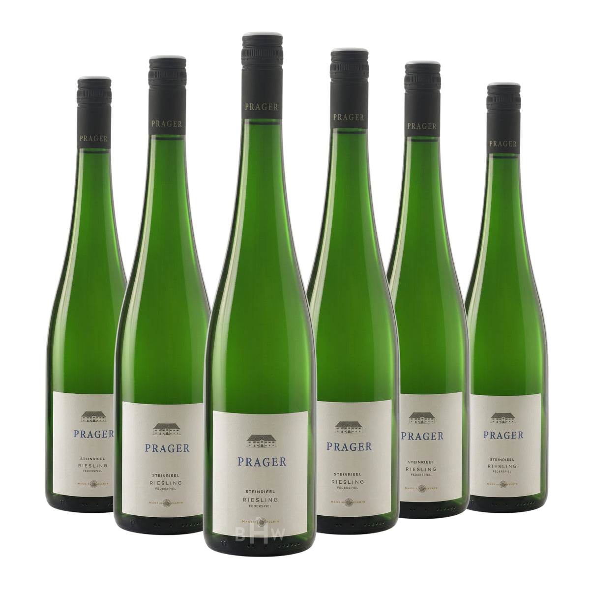 Six bottles of 2023 Prager 'Steinriegl' Riesling Federspiel Wachau white wine. Curated by Big Hammer Wines.
