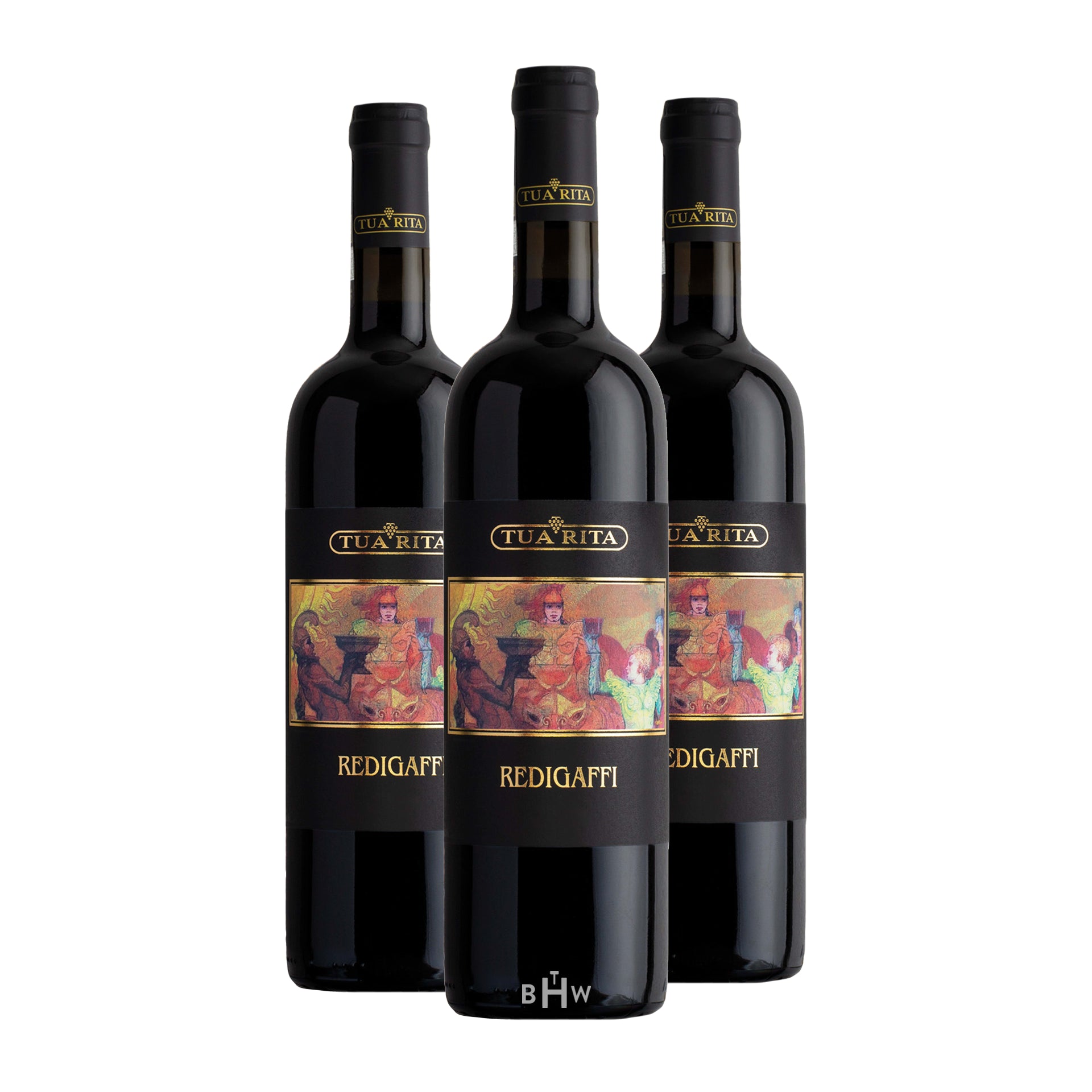 Three bottles of Tua Rita Redigaffi wine on a white background