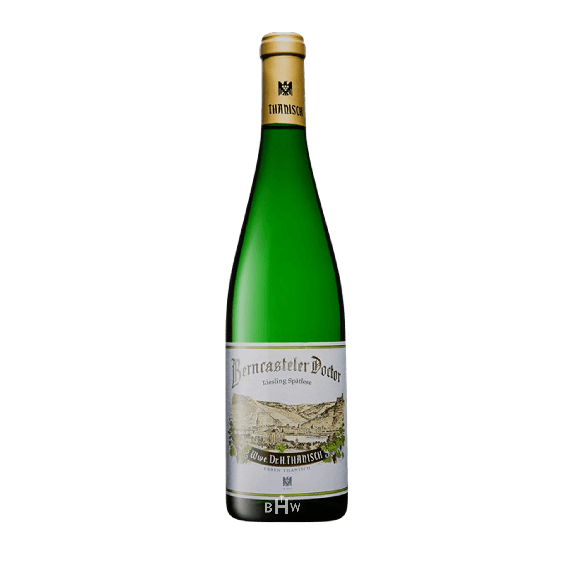 2023 Dr. H. Thanisch Spatlese green wine bottle with a gold foil cap on a white background
