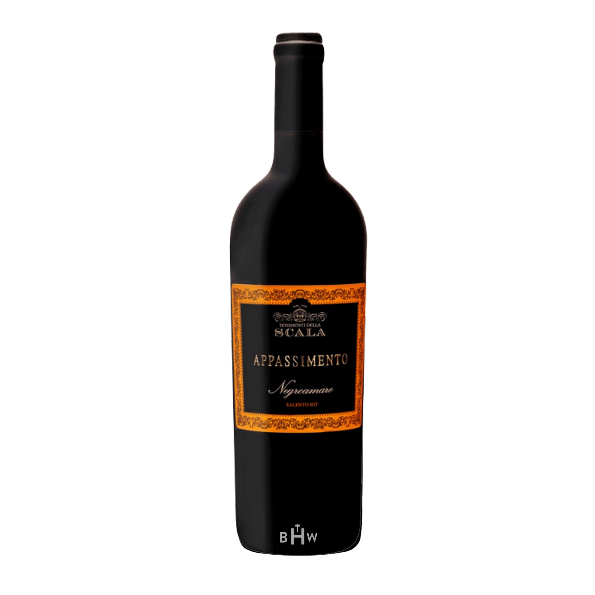 2024TenimentidellaScalaNegroamaroAppassimentoSalentoIGT wine bottle with a detailed label on a white background