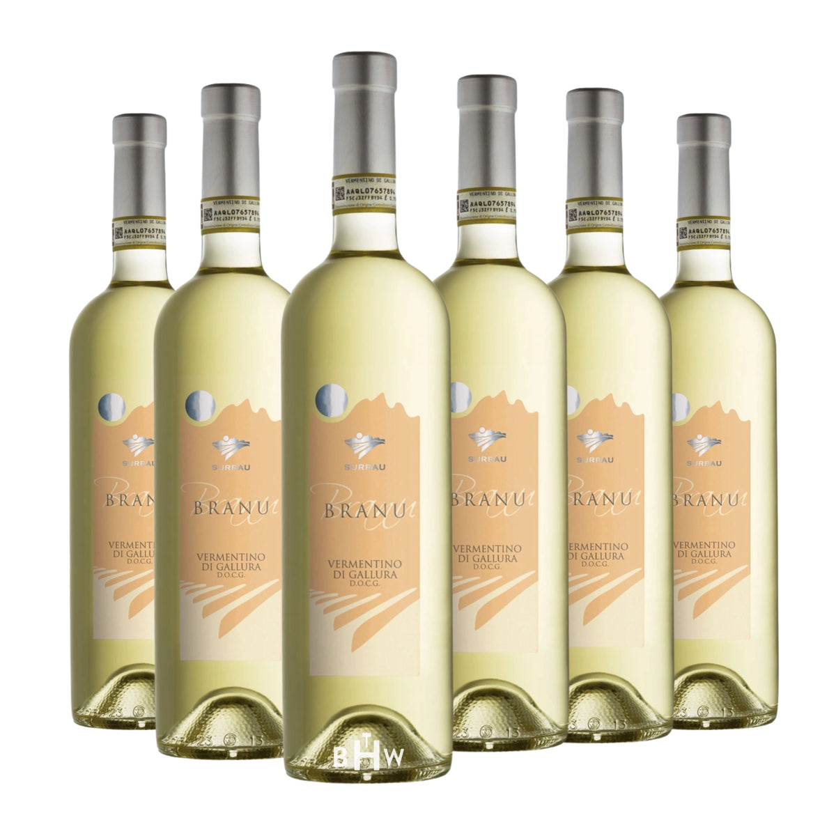 Six bottles of 2025 Surrau 'Branu' Vermentino di Gallura Sardinia white wine. Curated by Big Hammer Wines.