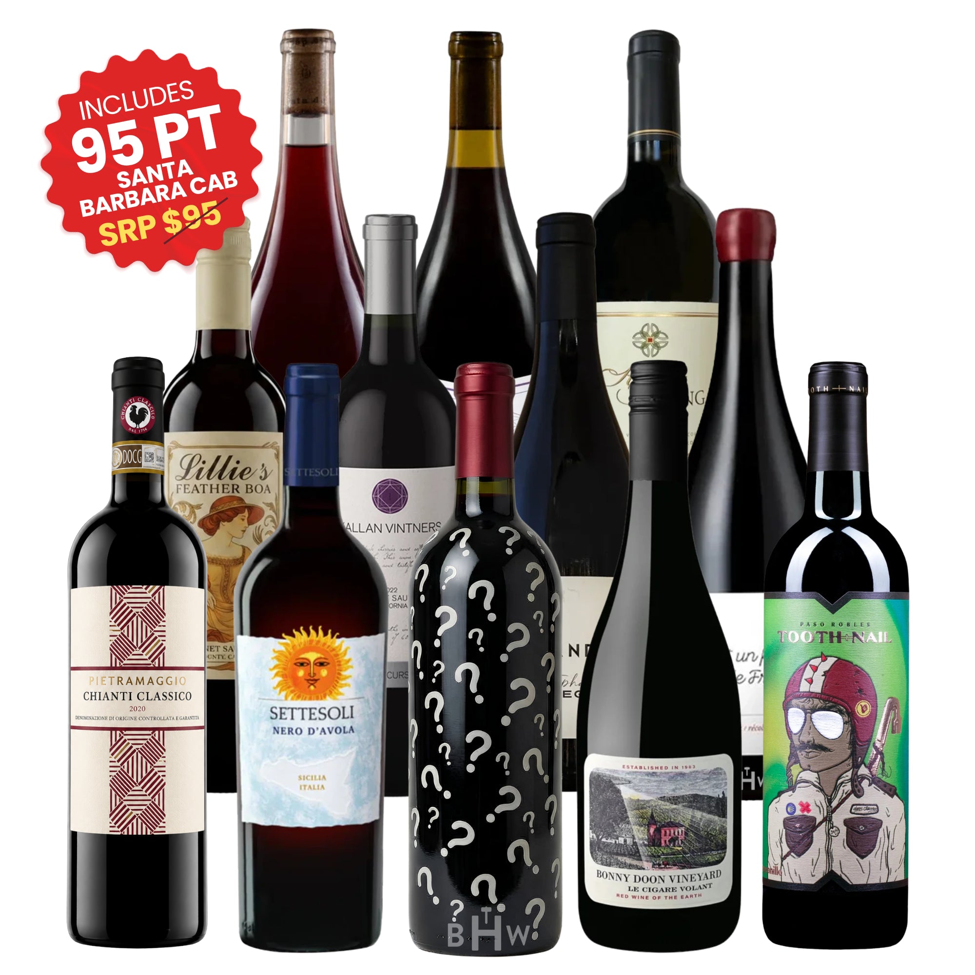 An assortment of 12 red wine bottles from the "Adventures in Wine" Wine Club, featuring various labels including a bottle covered in question marks and a red sticker highlighting an included 95-point Santa Barbara Cab, curated by big hammer wines.