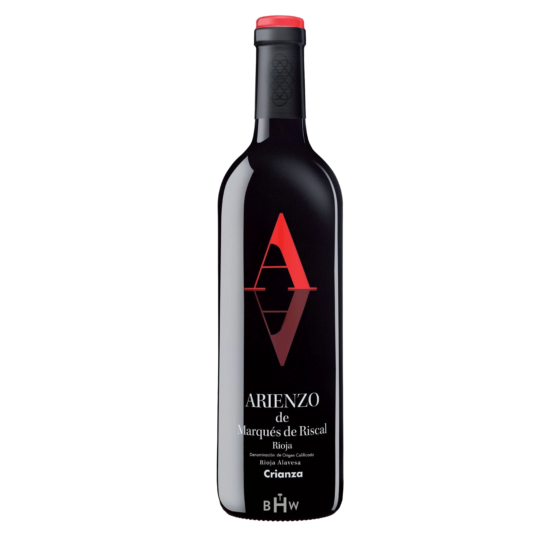 Wine bottle with black label featuring a red 'A' on a white background