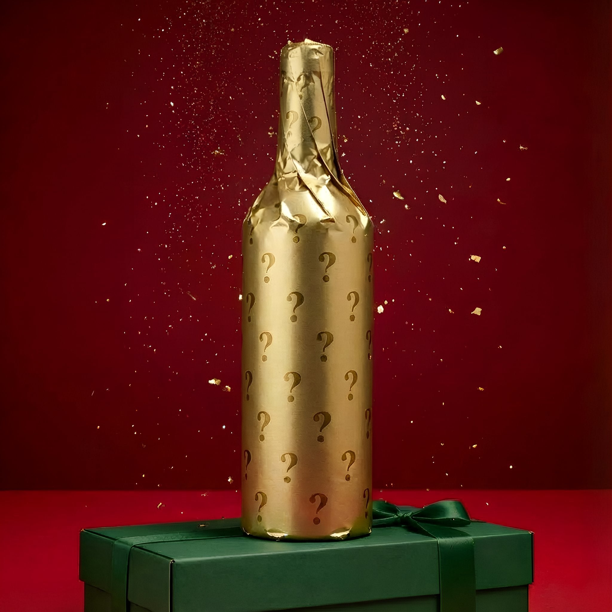 Gold bottle with question marks on a green box against a red background