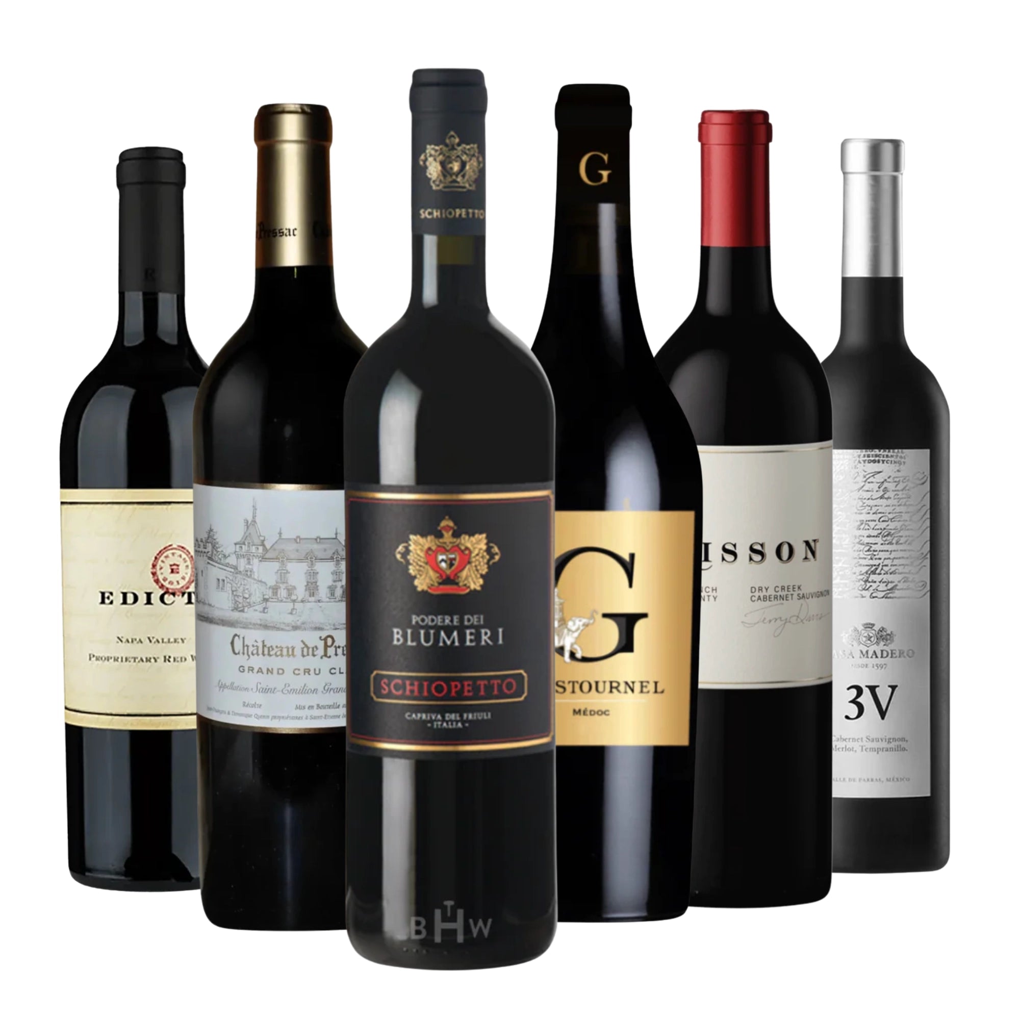 BHW Premier Red Wine Club 6-Pack featuring Napa Valley Cabernet Sauvignon, Bordeaux Grand Cru wines from Château de Pessac and top Italian reds, 6x750ml bottles curated by Big Hammer Wines