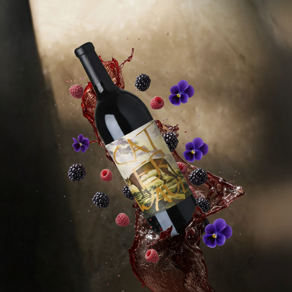 Wine bottle with fruit and flowers on a dark background