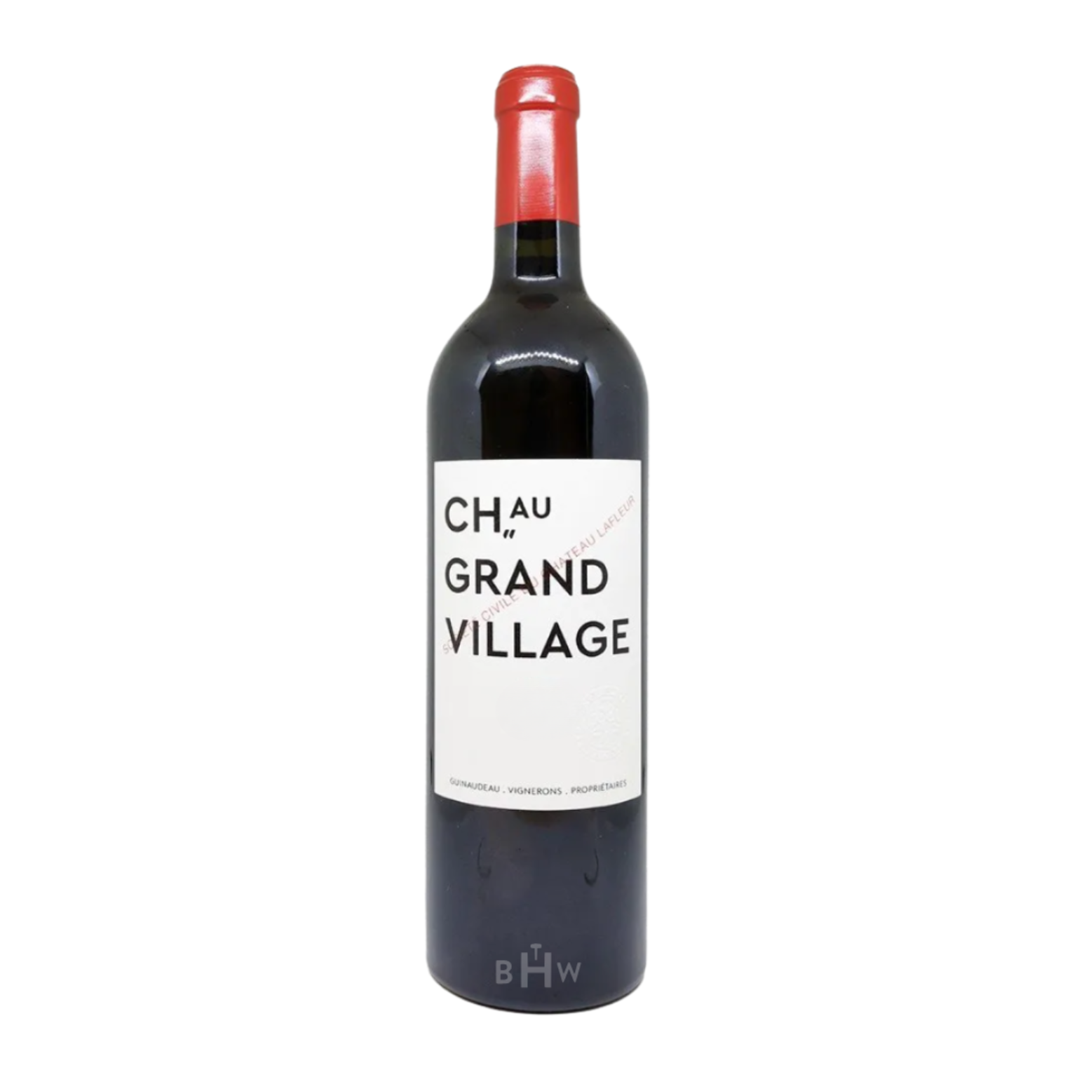 Wine bottle labeled 'Châçau Grand Village' on a white background