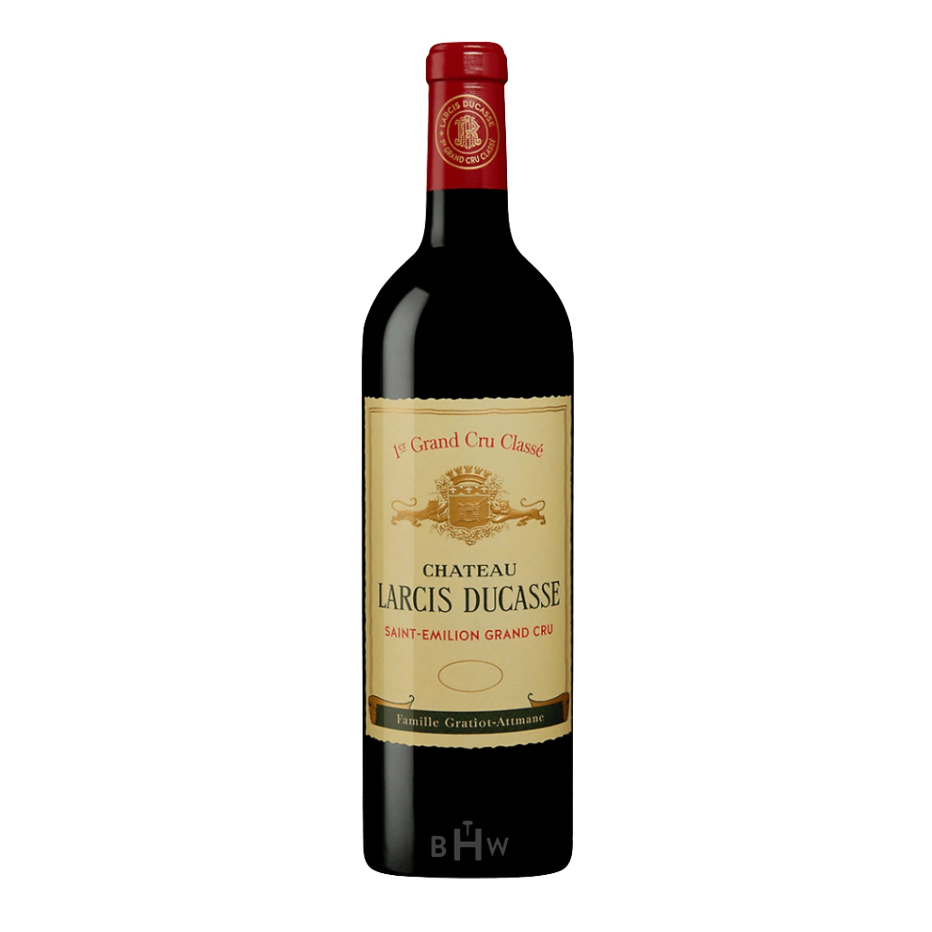Bottle of Chateau Larcis Ducasse wine on a white background