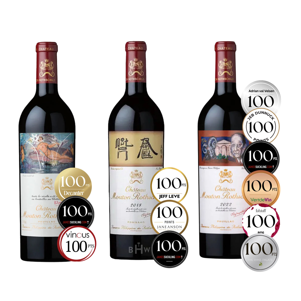Chateau Mouton-Rothschild Premier Grand Cru Classé Vertical featuring three 750ml bottles of red wine, curated by Big Hammer Wines.