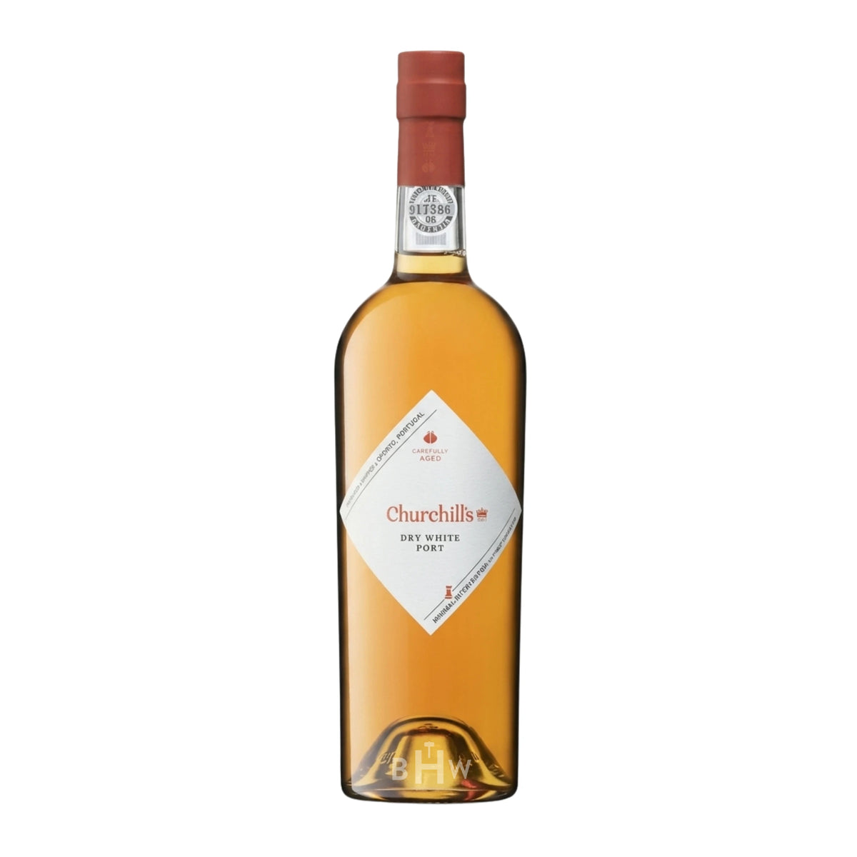 Bottle of Churchill's Dry White Port Douro NV featuring a diamond-shaped white label and terracotta capsule, curated by Big Hammer Wines.