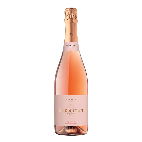 A bottle of Dignitat Cava Brut Rosat Selecció organic sparkling rosé wine, curated by Big Hammer Wines.