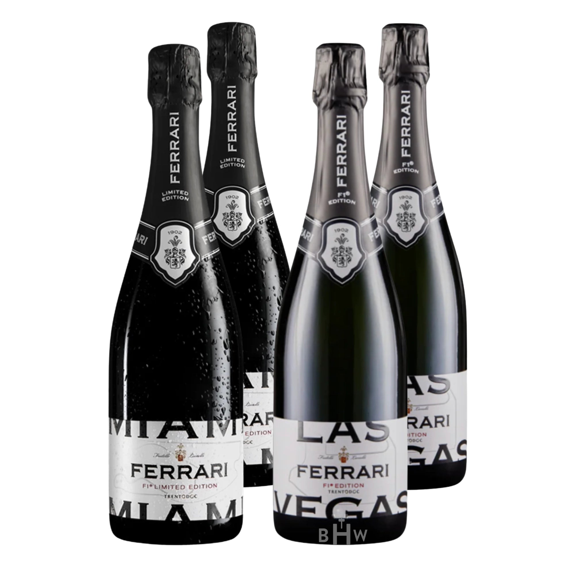 Ferrari Grand Prix Cuvée Vegas & Miami Edition 4-Pack Sampler 4x750ml – Limited Edition Ferrari TrentoDOC sparkling wine bottles inspired by Formula 1 Las Vegas and Miami races