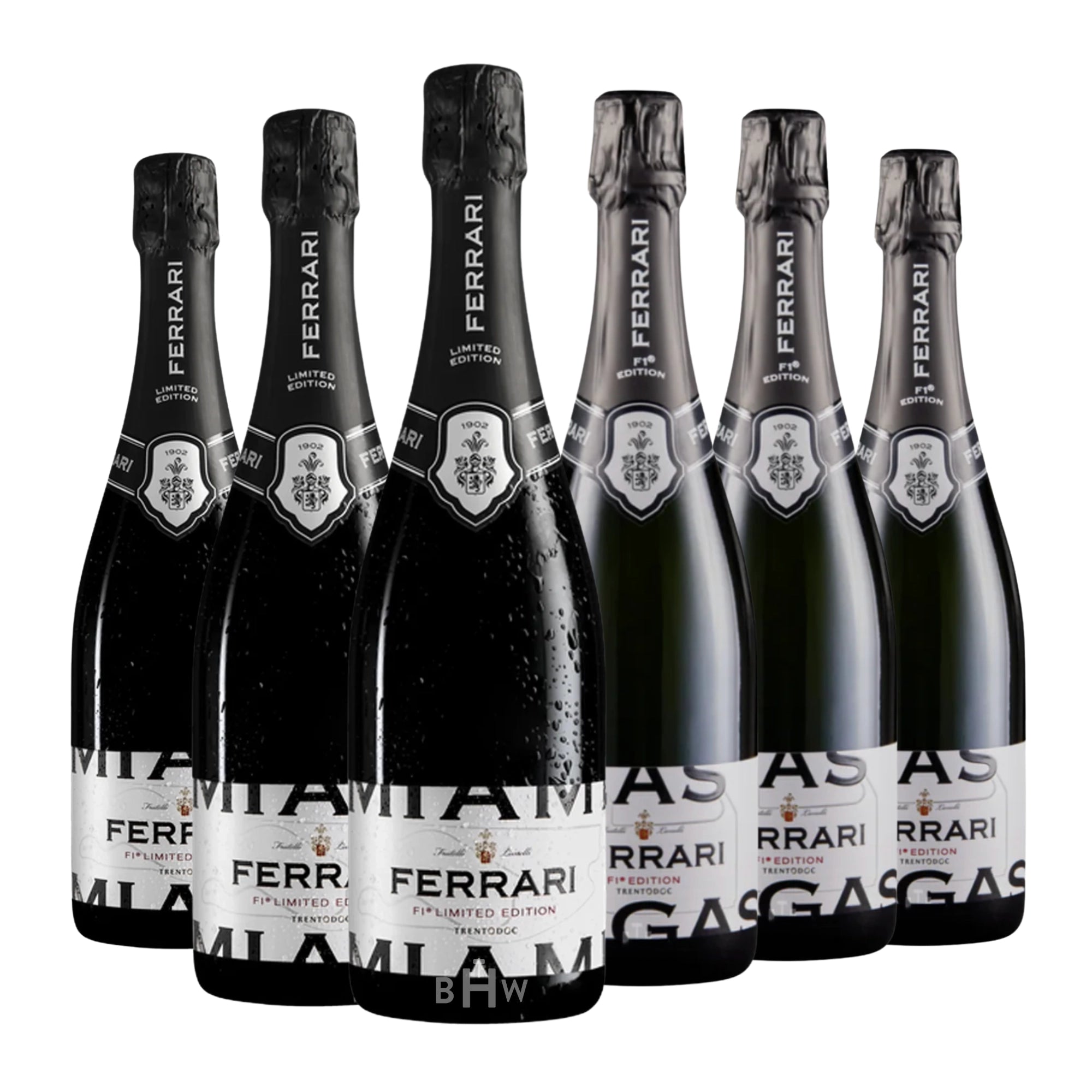 Ferrari Grand Prix Cuvée Vegas & Miami Edition 6-pack (6x750ml), TrentoDOC Italian sparkling wine sampler, Ferrari F1 limited edition bottles, premium brut sparkling wine collection