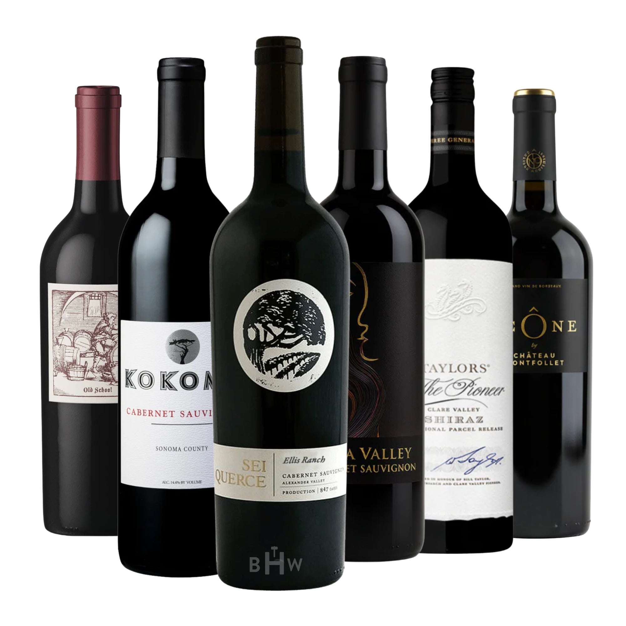 A collection of six big and bold red wine bottles, showcasing premium Cabernet Sauvignon and Shiraz selections from regions like Napa Valley, Sonoma, Alexander Valley, and Australia. Curated by Big Hammer Wines.