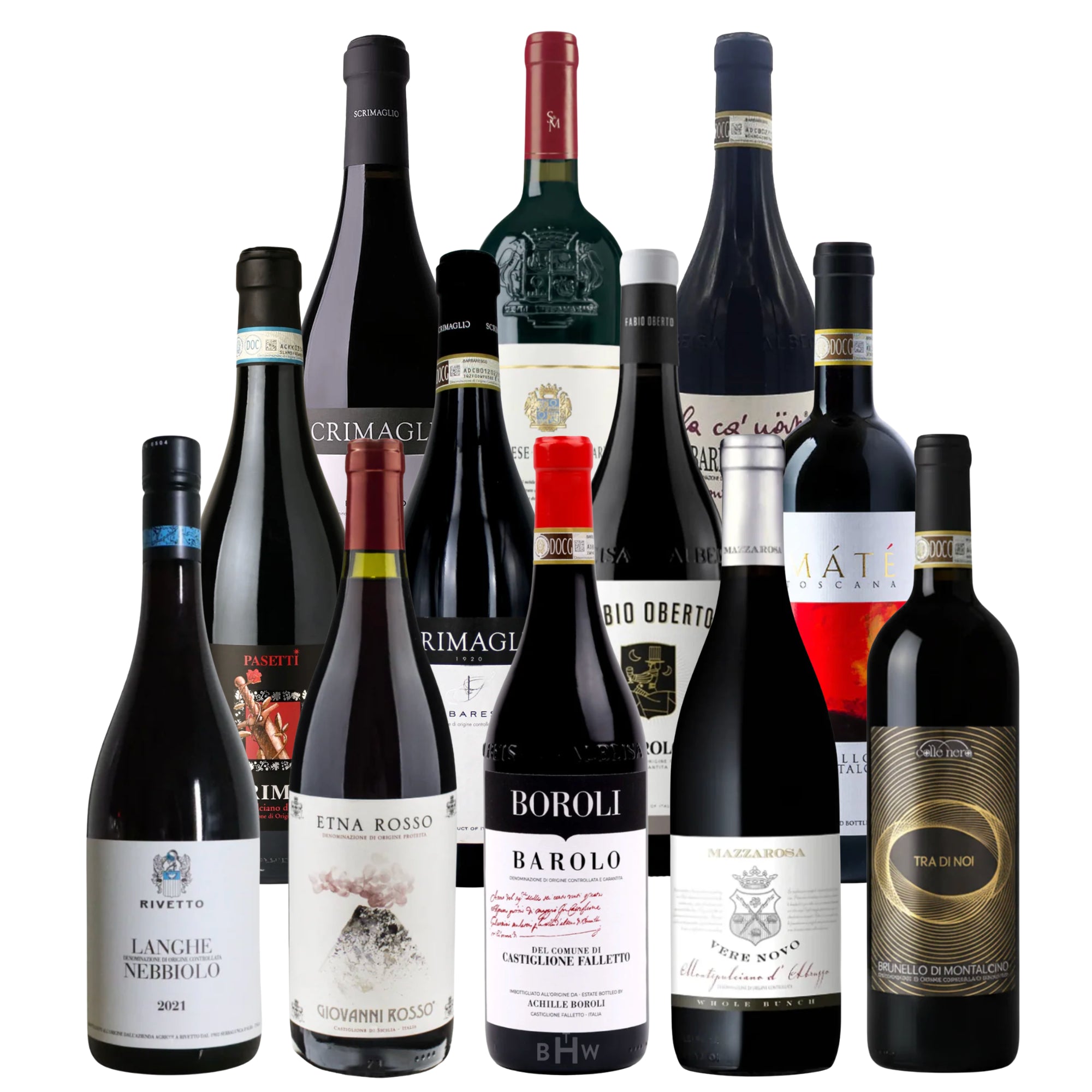 A curated showcase of 12 premium Italian red wines featured in Italian Ambassador's Top 12 Italian Red Wines to Buy Today at BHW, including bottles of Barolo, Brunello di Montalcino, and Etna Rosso. Curated by Big Hammer Wines.