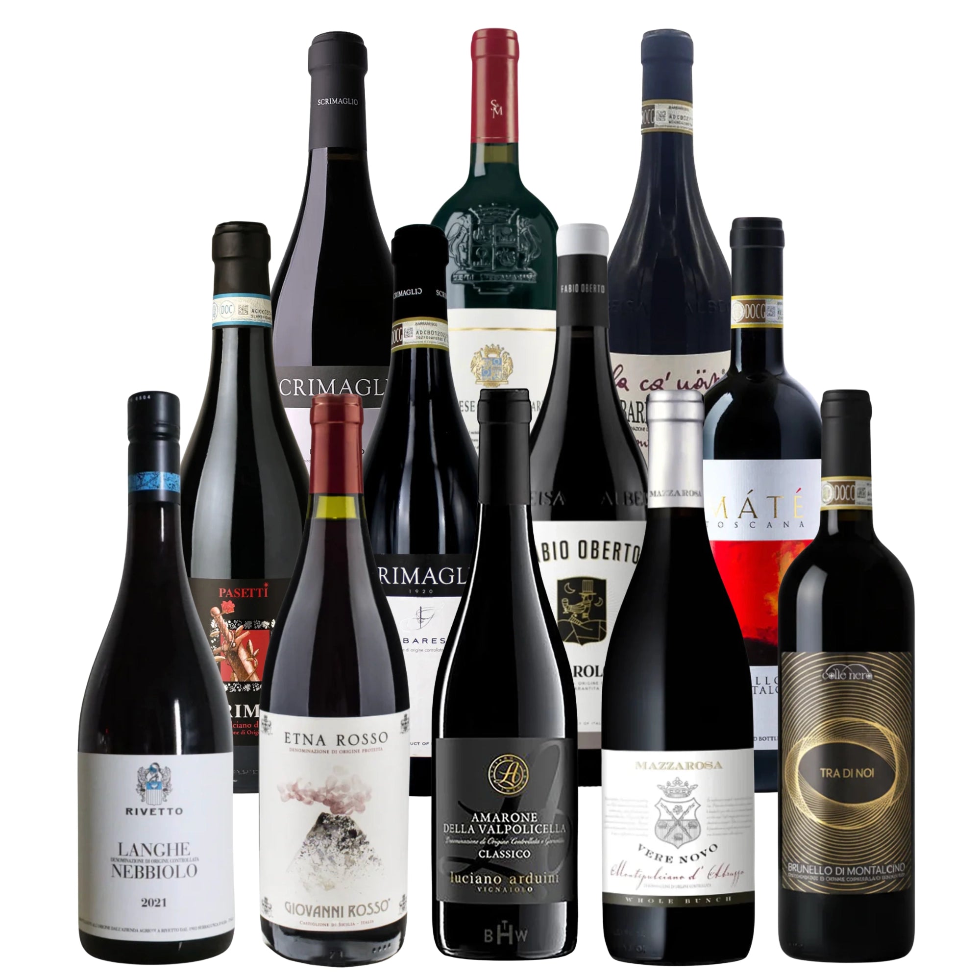 Italian red wine 12-pack sampler featuring Barolo, Brunello and Amarone wines curated by Big Hammer Wines