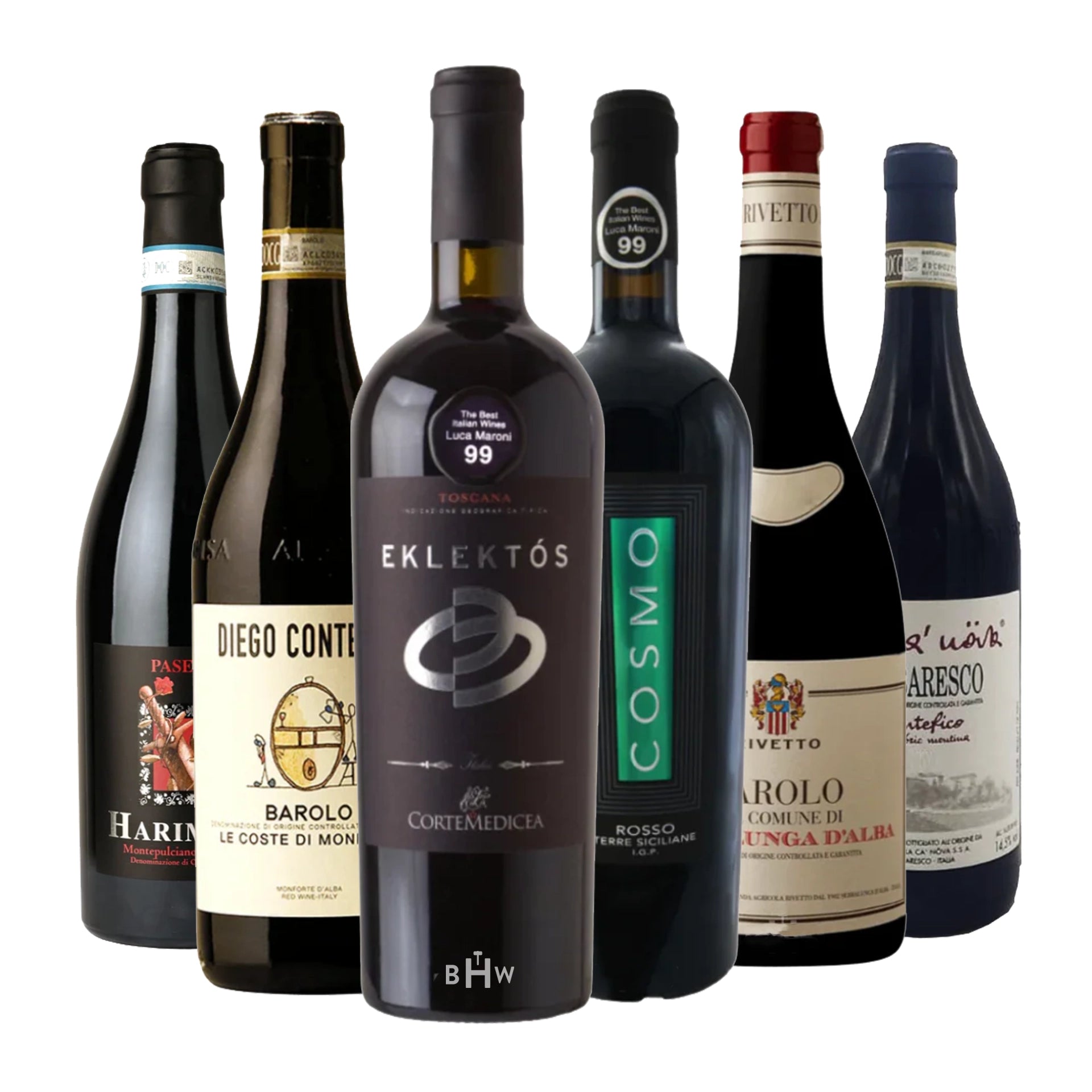 Collection of various wine bottles with labels on a white background