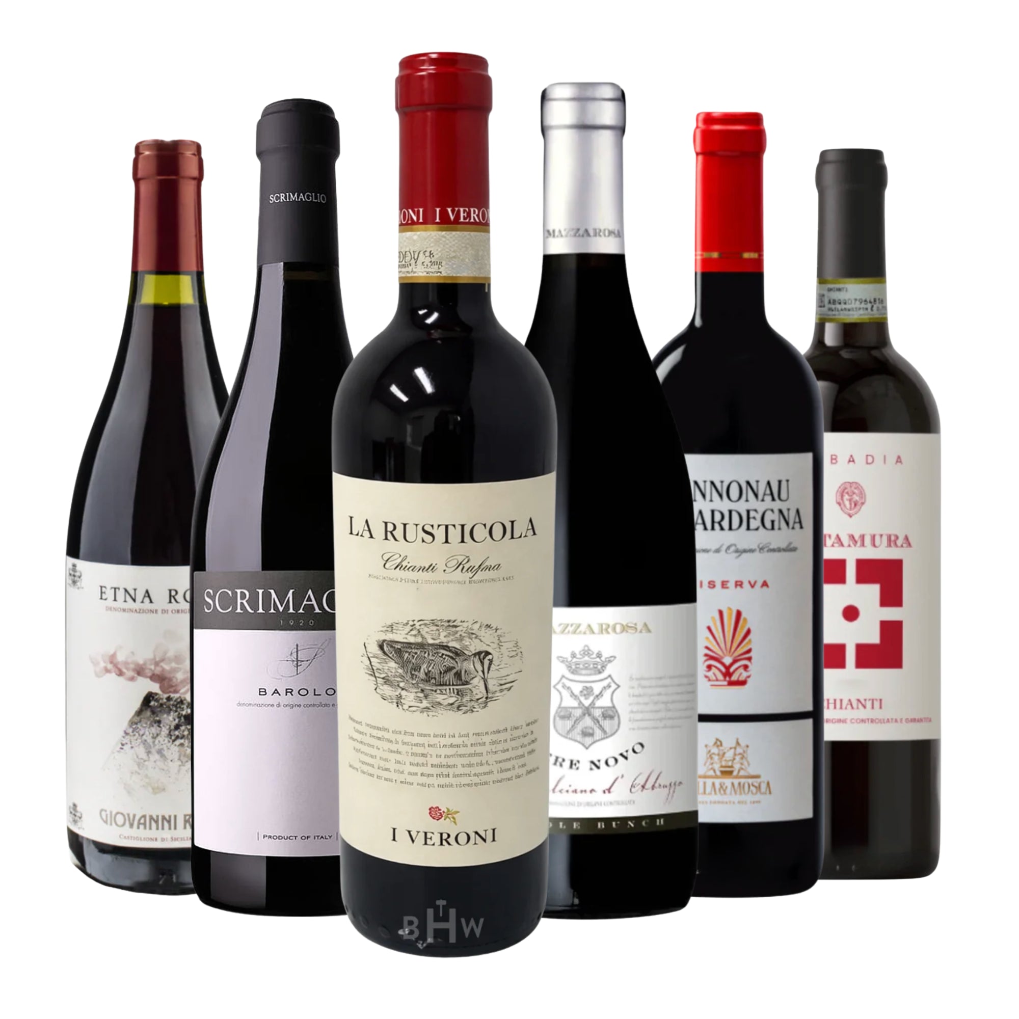 The collection features "La Rusticola" Chianti Rufina by I Veroni at the center, accompanied by premium selections including "Scrimaglio" Barolo, "Etna Rosso" by Giovanni Rosso, Sella & Mosca "Cannonau di Sardegna" Riserva, "Mazzarosa" Montepulciano d'Abruzzo, and "Badia" Chianti. This sampler represents a curated journey through Italy’s iconic wine regions, from Piedmont and Tuscany to Sicily and Sardinia. Curated by Big Hammer Wines.