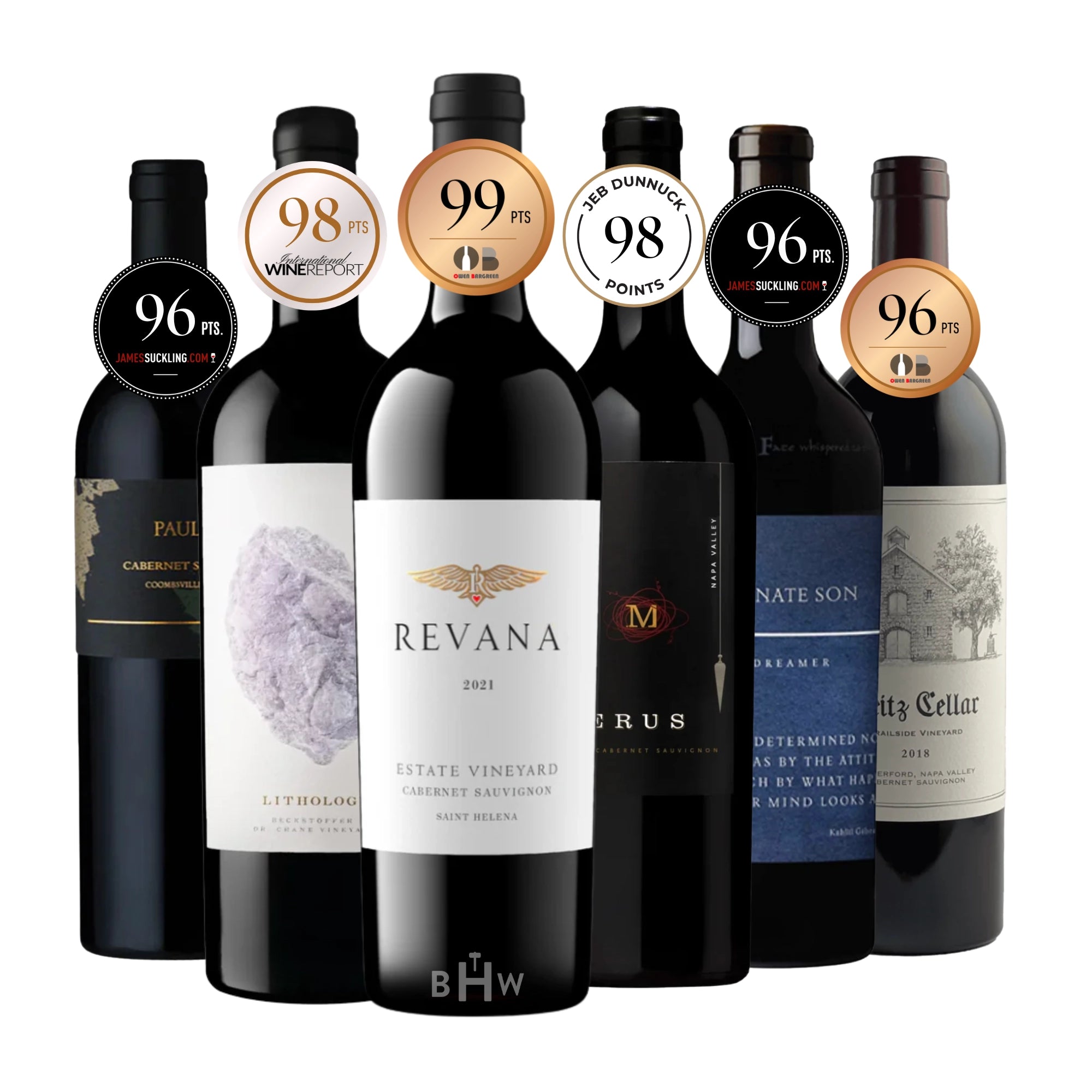An ultra-luxe collection of six premium Napa Valley Cabernet Sauvignon bottles, featuring prominent high-scoring wine critic rating badges ranging from 96 to 99 points, curated by big hammer wines.