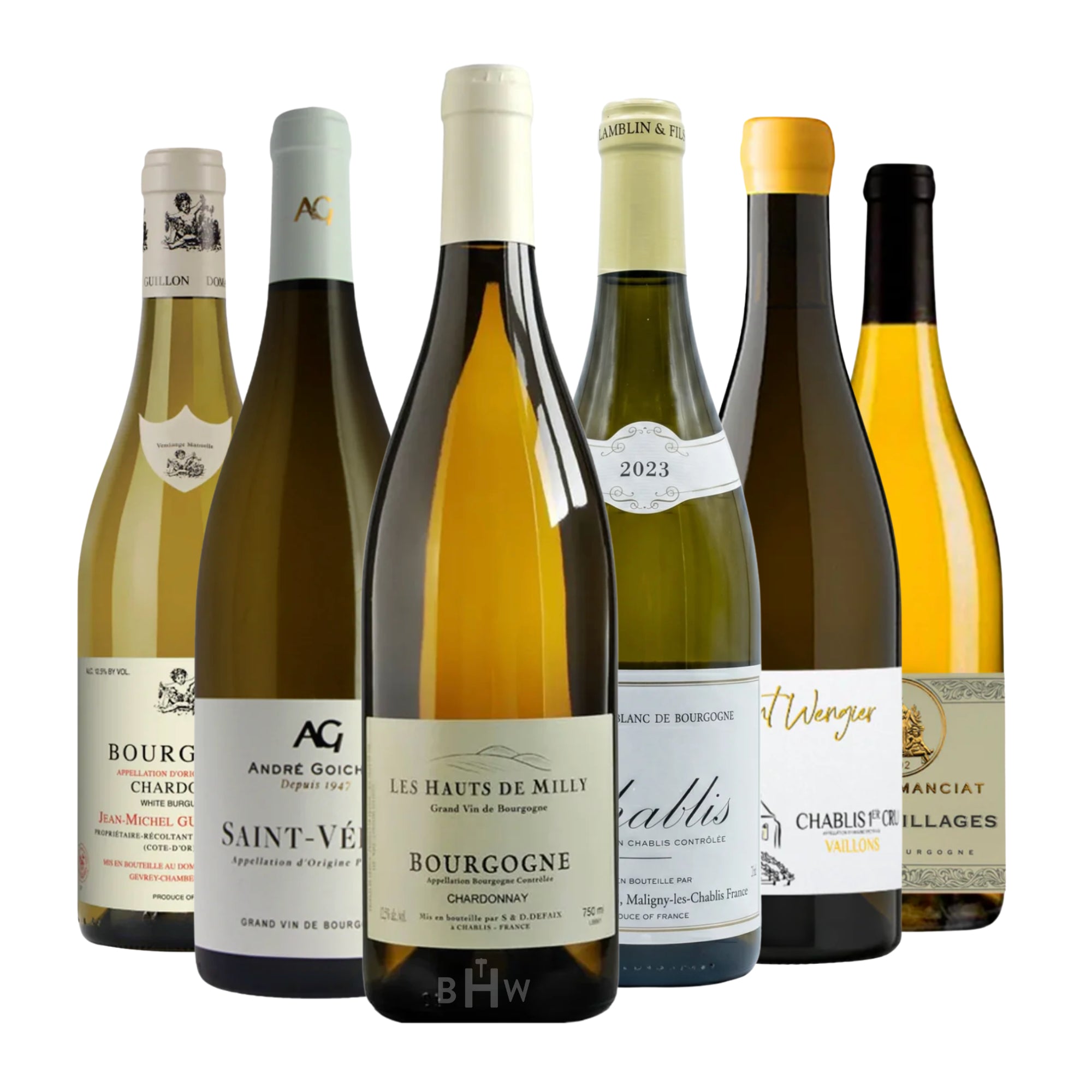 A collection of six exceptional White Burgundy Chardonnay bottles, showcasing classic regional appellations like Chablis, Saint-Véran, and Bourgogne Blanc. Curated by Big Hammer Wines.