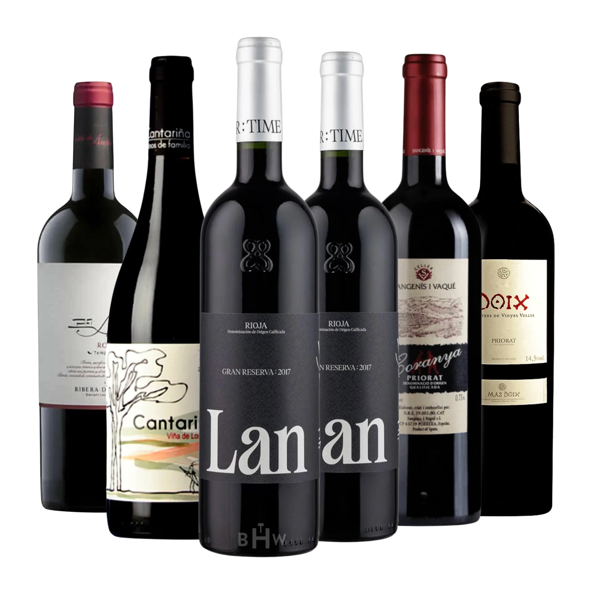 A 6-pack sampler of essential Spanish red wines featuring two bottles of LAN Gran Reserva 2017 Rioja with distinctive black labels. The collection also includes bottles from Ribera del Duero, Cantariña Viña de los Pinos, Sangenís I Vaqué "Coranya" Priorat, and Mas Doix "Doix" Costers de Vinyes Velles Priorat. The selection showcases prestigious Spanish regions including Rioja, Priorat, and Ribera del Duero. Curated by Big Hammer Wines.