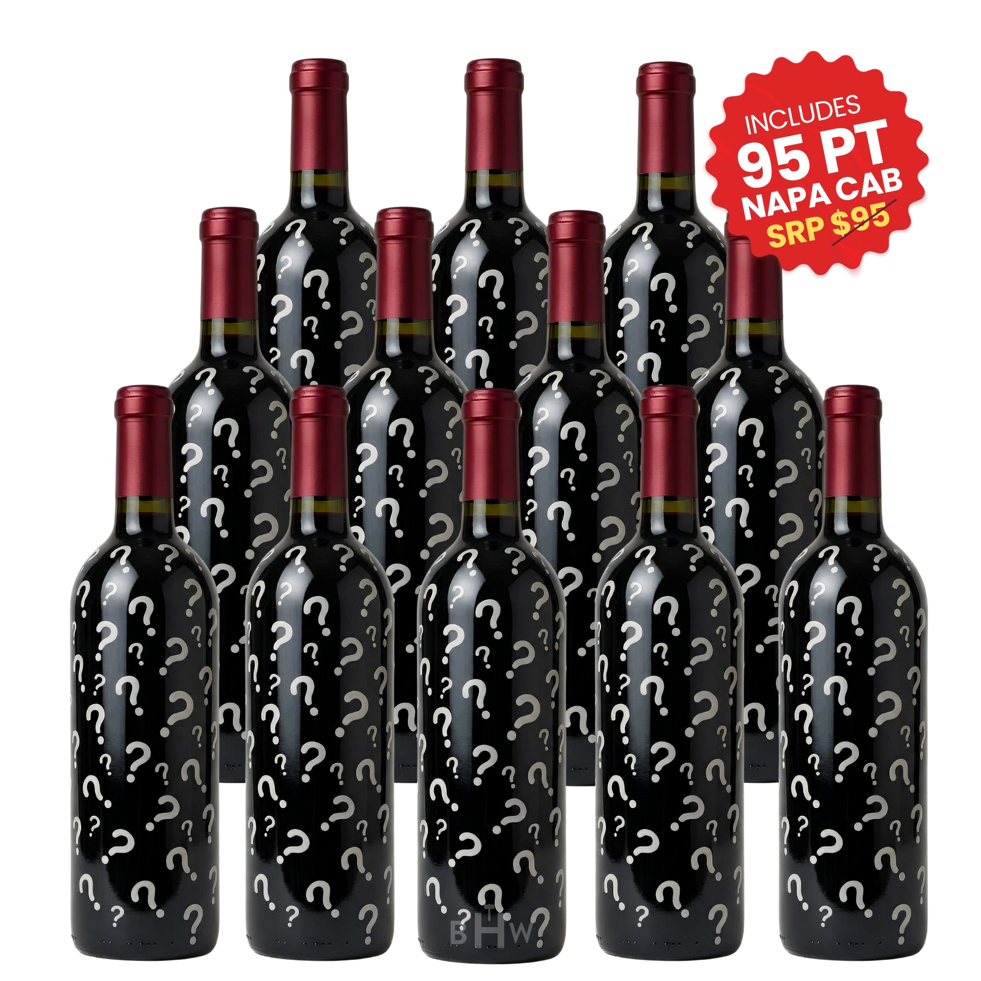 Our #1 Value Red Wine Mystery Case with 12 assorted 750ml bottles featuring surprise selections, including a 95-point Napa Cabernet (SRP $95).