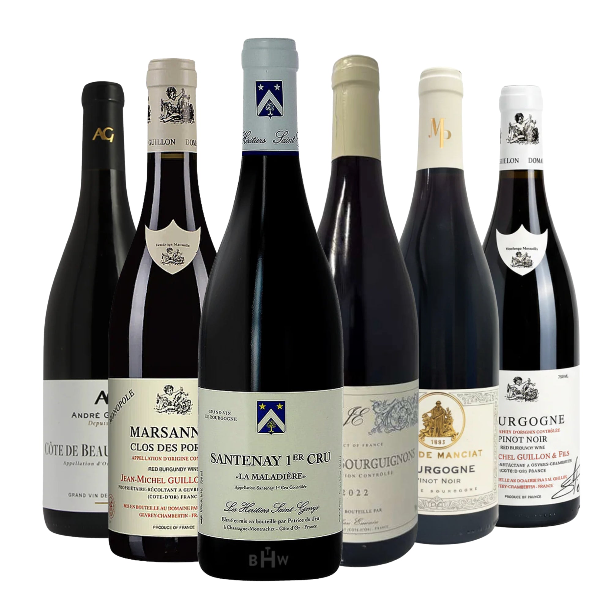 A collection of six exceptional Red Burgundy wine bottles, showcasing premium Pinot Noir selections from renowned French appellations like Santenay Premier Cru, Marsannay, and Côte de Beaune. Curated by Big Hammer Wines.